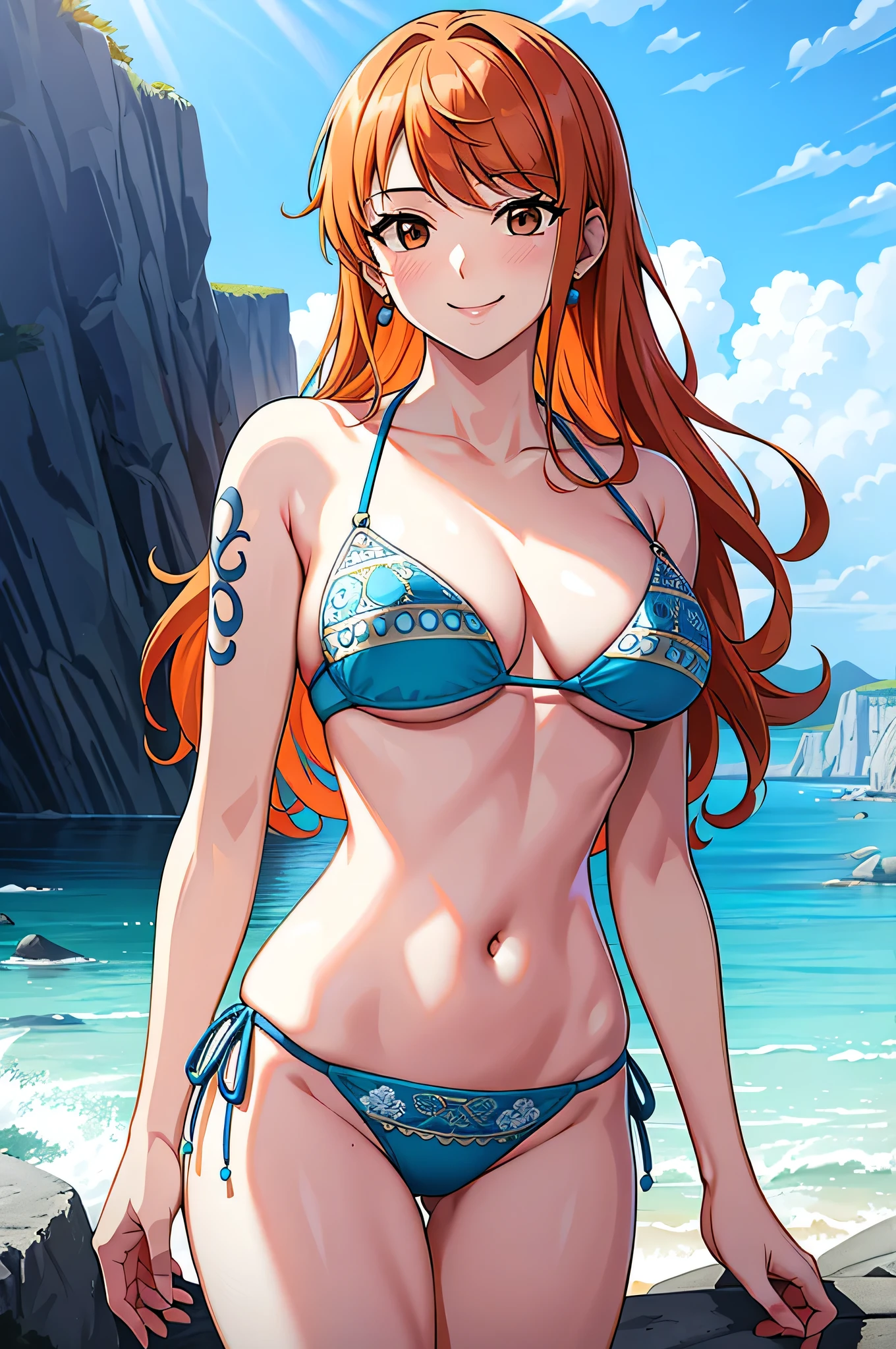 masterpiece, ((Very detailed background, Delicate pattern, Intricate details)), (Very detailed, The finer details), Highest quality, Beautiful lighting, ((Medium chest, Slim girl)), Nami Final, ((比基尼, Swimwear)), Simple shirt, One girl, Orange Hair, alone, Long Hair, jewelry, Brown eyes, smile, Earrings, ((Blue tattoo, Left shoulder tattoo)), (Complex and detailed background, barren land, rock, Ocean, Outside, natural environment), (Cowboy Shot), 