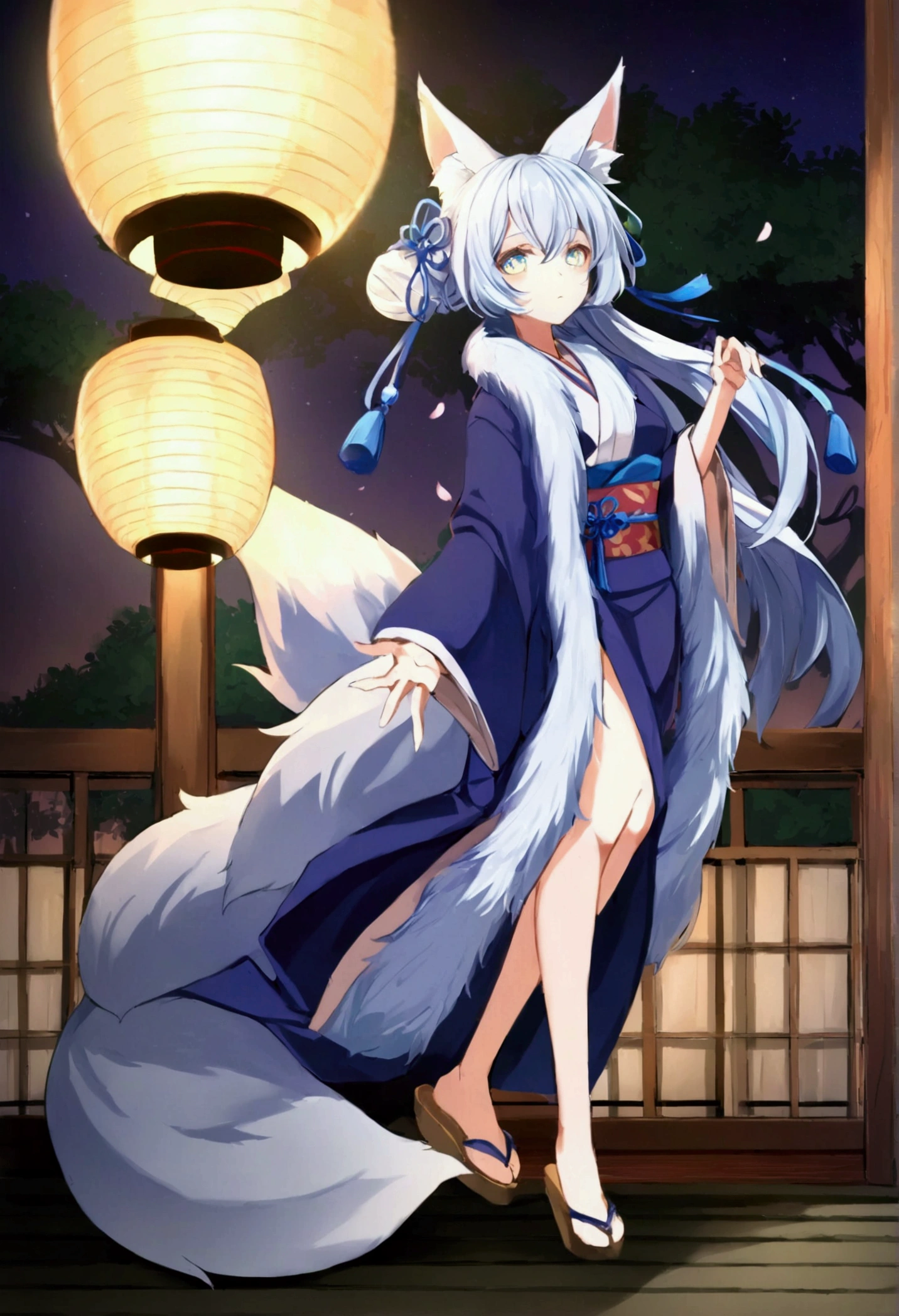 fox Light blue hair 　beast girl　indigo fur　fox beast girl　fox Light blue hair 　beast girl　indigo fur　fox beast girl　Wallpaper 4k,8k,highly detailled,,vivid colors,detailed kitsune with 9 tails,traditional Japanese artwork,tatami floor,beautiful cherry blossoms,floating lanterns,dark silhouette of a pagoda,subtle moonlight,dense forest,ethereal atmosphere,dappled sunlight,whimsical spirit,serene expression,elaborate kimono and obi,delicate hand-painted details,luminous eyes　Anime Style　fox　blue　White-faced golden-haired nine-tailed fox　Coat blue　boy　fox Light blue hair 　beast girl　indigo fur　fox beast girl　Anime Style　fox　blue　White-faced golden-haired nine-tailed fox　Coat blue　　　mysterious background　Blue Flame　girl　have a ball of light　fox Light blue hair 　beast girl　indigo fur　fox beast girl　mysterious background　Blue Flame　girl　have a ball of light Anime Style　fox　blue　White-faced golden-haired nine-tailed fox　Coat blue　She has a long blue ribbon in her hair　She has a long blue ribbon in her hair　mysterious background　Blue Flame　girl　have a ball of lightfox Light blue hair 　beast girl　indigo fur　fox beast girl　Anime Style　fox　blue　White-faced golden-haired nine-tailed fox　Coat blue　　　mysterious background　Blue Flame　girl　have a ball of light　fox Light blue hair 　beast girl　indigo fur　fox beast girl