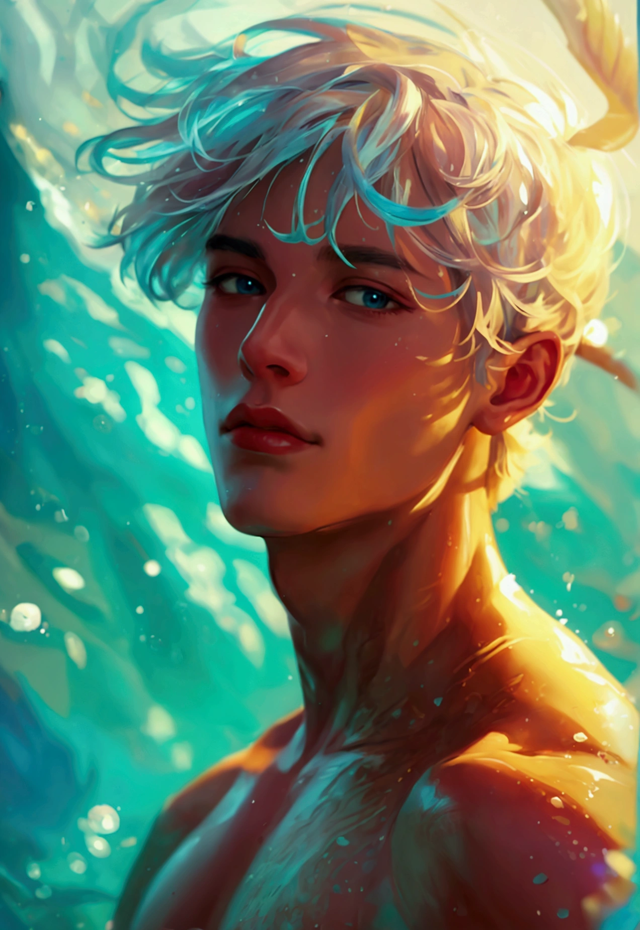 "Create a striking and captivating digital illustration of a male merman with the following features:
Physical Appearance:
Pale, porcelain-like skin with a delicate, almost ethereal quality
Androgynous facial features that blend masculine and feminine traits - large, expressive golden eyes, high cheekbones, and full, sensual lips
Long, flowing dark blue hair that cascades dramatically around the face and shoulders, creating a sense of movement and mystery
A slender, lithe build with no visible muscle definition, giving the merman a delicate, almost fragile appearance
Mermaid Tail:
The merman’s lower body transitions into a long, powerful tail inspired by the vibrant and dramatic fins of a betta fish
The tail is covered in shimmering, iridescent scales that shift and glimmer with a mesmerizing array of blues, greens, and golds
The fins are large, flowing, and highly detailed, with intricate patterns and textures that suggest a sense of underwater movement and grace
The tail tapers to a dramatic, elongated point, adding to the merman’s otherworldly and captivating appearance
Pose and Composition:
The merman is posed in a relaxed, almost languid stance, perhaps reclining on a rocky underwater outcrop or drifting gracefully through the water
One arm may be extended, drawing the viewer’s gaze towards the character’s delicate features and expressive golden eyes
The composition should emphasize the merman’s captivating blend of human and aquatic traits, creating a sense of wonder and enchantment
Underwater Environment:
The merman is situated within a lush, dreamlike underwater environment, with swaying kelp, schools of small fish, and shafts of ethereal light filtering through the water
The background should be rendered with a sense of depth and mystery, creating a sense of the merman’s isolation and the vastness of the ocean
Subtle details, such as floating bubbles or the faint silhouettes of larger sea creatures, may be included to enhance the sense of an immersive,