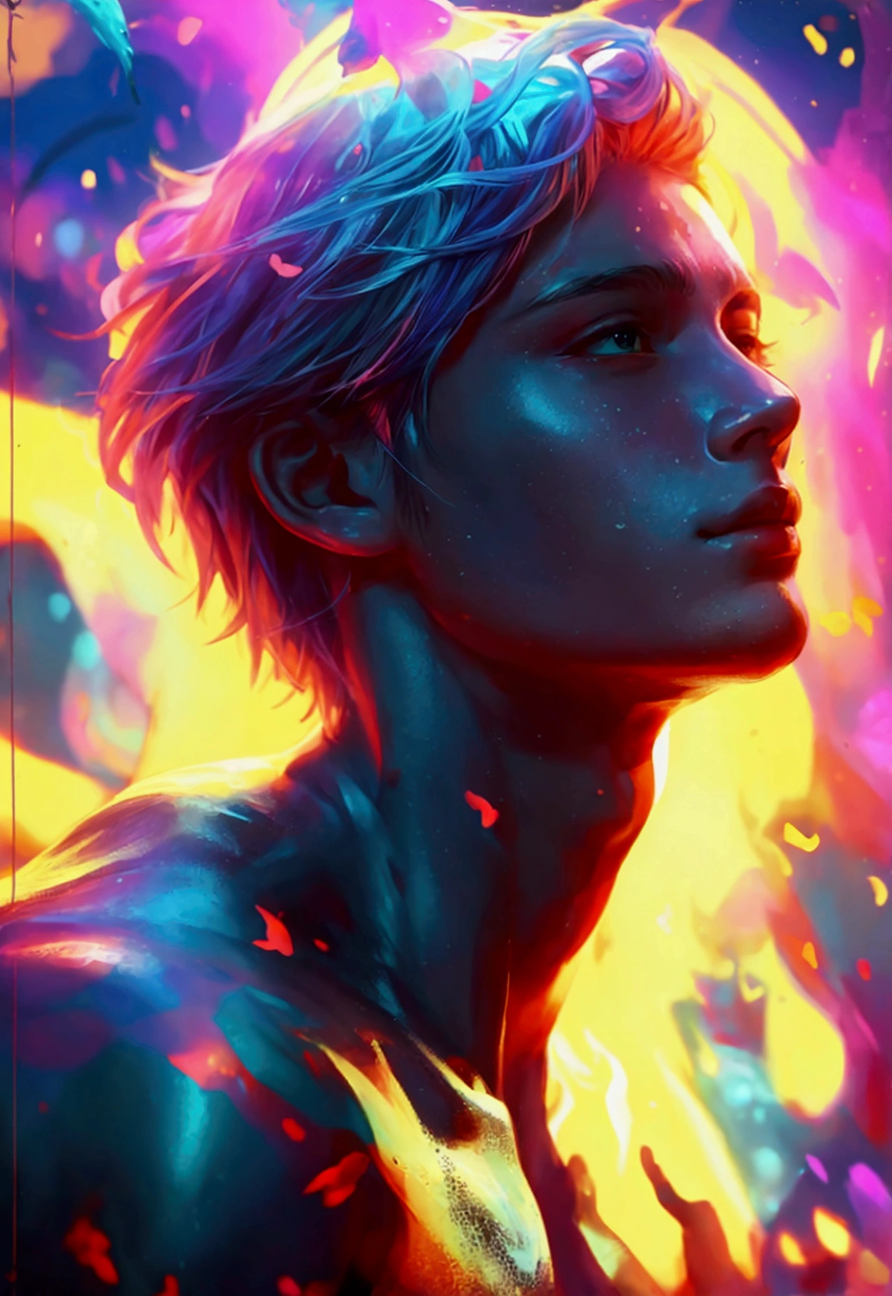 "Create a striking and captivating digital illustration of a male merman with the following features:
Physical Appearance:
Pale, porcelain-like skin with a delicate, almost ethereal quality
Androgynous facial features that blend masculine and feminine traits - large, expressive golden eyes, high cheekbones, and full, sensual lips
Long, flowing dark blue hair that cascades dramatically around the face and shoulders, creating a sense of movement and mystery
A slender, lithe build with no visible muscle definition, giving the merman a delicate, almost fragile appearance
Mermaid Tail:
The merman’s lower body transitions into a long, powerful tail inspired by the vibrant and dramatic fins of a betta fish
The tail is covered in shimmering, iridescent scales that shift and glimmer with a mesmerizing array of blues, greens, and golds
The fins are large, flowing, and highly detailed, with intricate patterns and textures that suggest a sense of underwater movement and grace
The tail tapers to a dramatic, elongated point, adding to the merman’s otherworldly and captivating appearance
Pose and Composition:
The merman is posed in a relaxed, almost languid stance, perhaps reclining on a rocky underwater outcrop or drifting gracefully through the water
One arm may be extended, drawing the viewer’s gaze towards the character’s delicate features and expressive golden eyes
The composition should emphasize the merman’s captivating blend of human and aquatic traits, creating a sense of wonder and enchantment
Underwater Environment:
The merman is situated within a lush, dreamlike underwater environment, with swaying kelp, schools of small fish, and shafts of ethereal light filtering through the water
The background should be rendered with a sense of depth and mystery, creating a sense of the merman’s isolation and the vastness of the ocean
Subtle details, such as floating bubbles or the faint silhouettes of larger sea creatures, may be included to enhance the sense of an immersive,