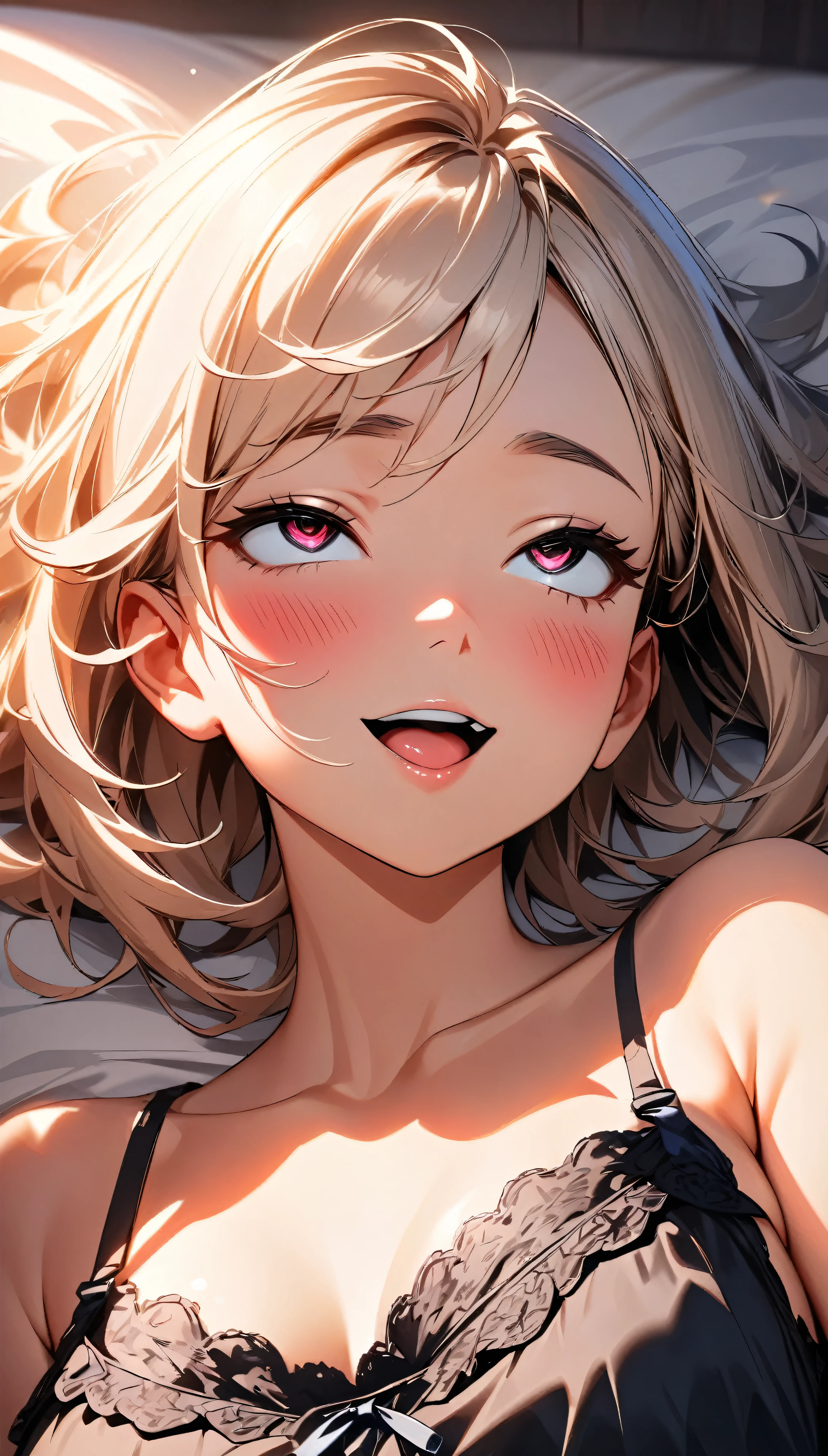 (Highest quality:1.2, Very detailed, up to date, Vibrant, 超High resolution, High Contrast, masterpiece:1.2, Highest quality, Best aesthetics), (((1 girl))), A carefully painted bedroom, lingerie, Professionalism, Bright colors, Soft lighting, Expressive eyes, Detailed lips, Long eyelashes, Pleasant atmosphere, incite inferiority, Obscene eyes, Lewd smile, Open your mouth, blush, Ahegao:1.4, ((camisole, 黒シースルーlingerie, Lying on your back in bed:1.2)), Positive Energy, Calm background, A nurturing presence, High resolution, Correct perspective, (Soft focus throughout).