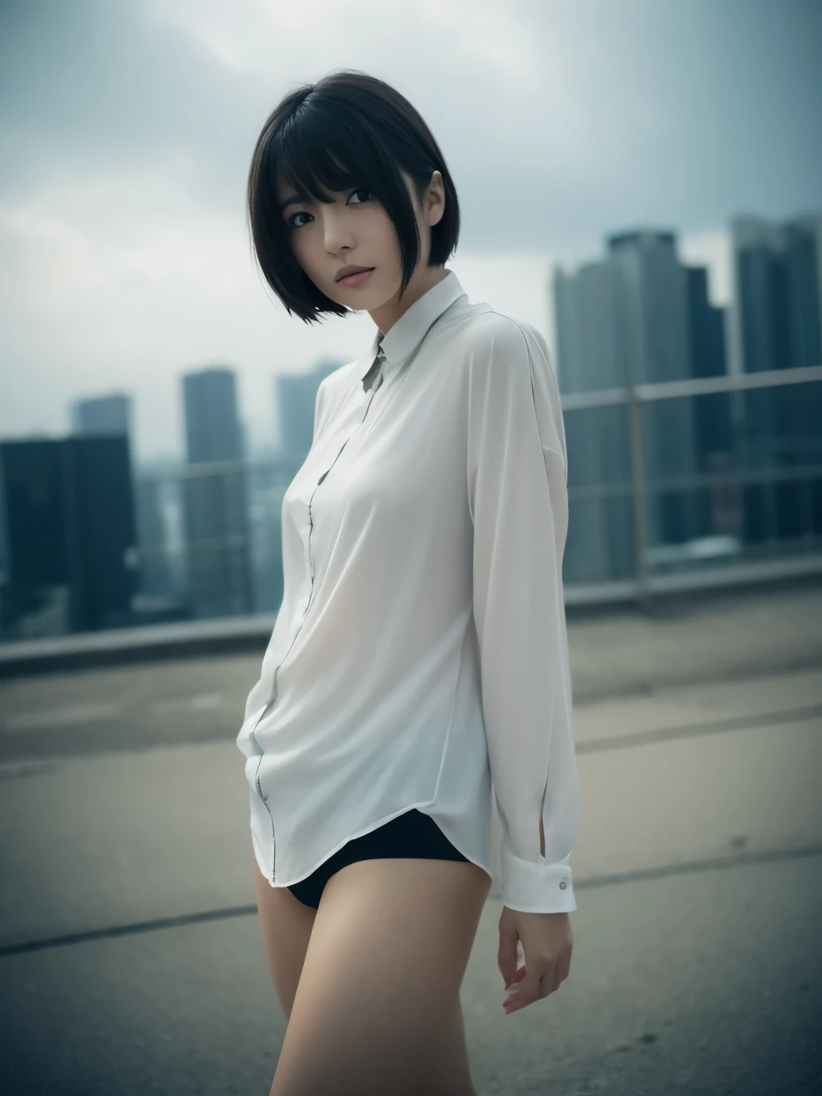 1 girl,Very beautiful 30 year old Japanese woman、Very short hair、Imagine、cleveage、wind、Overcast skies、Model-like figure、 external、shirt、Open your legs、High level of image quality、Best image quality、Look at the camera、Focus on the eyes、Bold、Blade Runner、View from below、thigh、butt、
