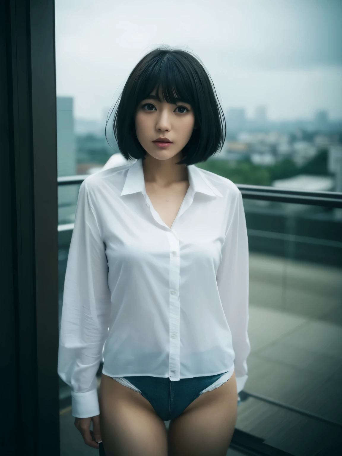 1 girl,Very beautiful 30 year old Japanese woman、Very short hair、Imagine、cleveage、wind、Overcast skies、Model-like figure、 external、shirt、Open your legs、High level of image quality、Best image quality、Look at the camera、Focus on the eyes、Bold、Blade Runner、View from below、thigh、、