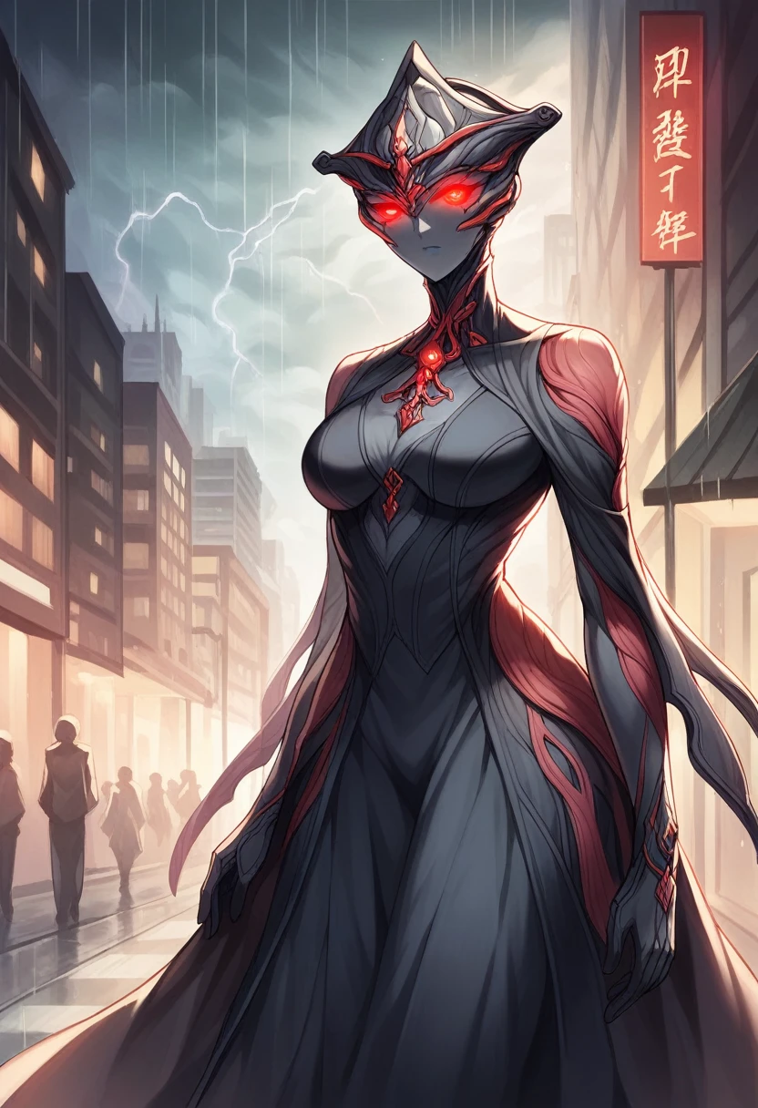 1 japanese girl, WARFRAME, intricate pattern, heavy metal, energy lines, faceless, glowing eyes, elegant, intense, blood red and black uniform, solo, modern, city, streets, dark clouds, thunderstorm, heavy rain,, dramatic lighting,, (masterpiece:1.2), best quality, high resolution,   beautiful detailed, extremely detailed, perfect lighting,