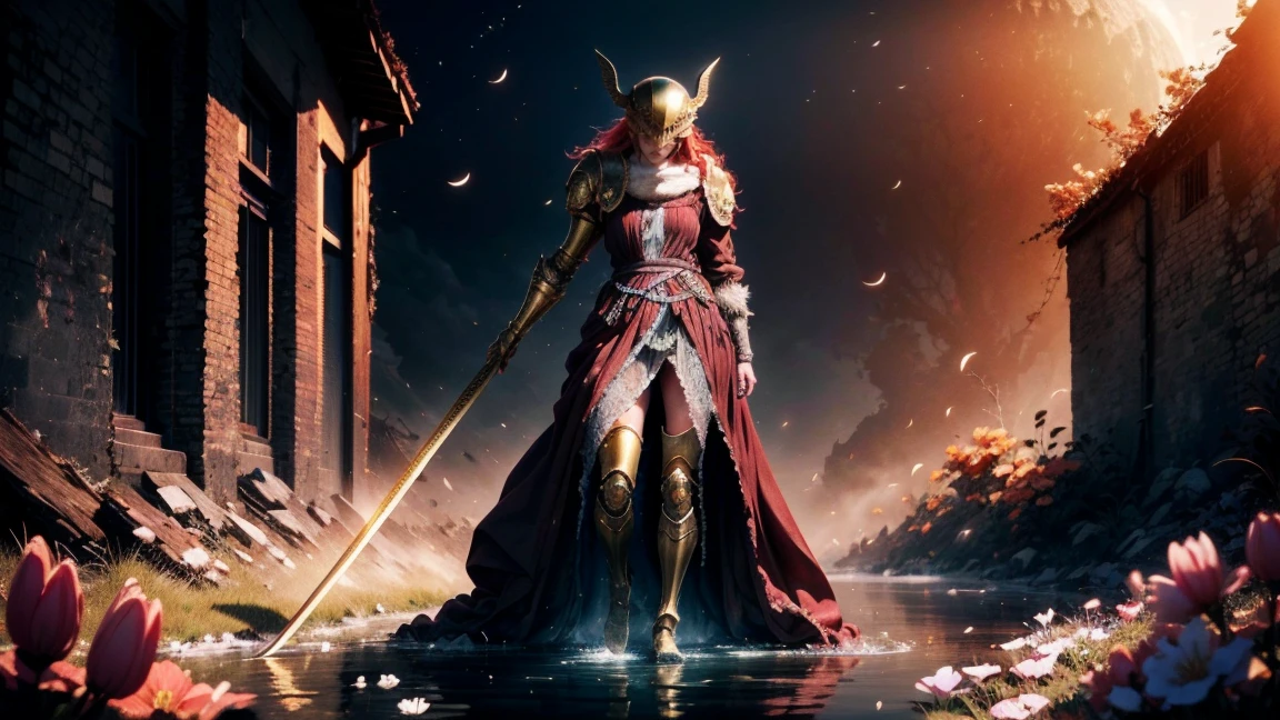 very detailed, high quality, masterpiece, beautiful, small, prosthesis ноги, Single mechanical arm, prosthesis, armor, e.g, Helmet, brown dress, a sword, holding a sword, full body, wide shot, flower, water, One, sunset, stylebuff, night, (dark environment), very detailed, high quality, masterpiece, beautiful, 1 girl, prosthesis ноги, Single mechanical arm, prosthesis, smallDef, armor, e.g, Helmet, brown dress, full body, (Best quality)), ((masterpiece: 1.2) ), (extremely detailed: 1.1), (8 K, high quality, cinematic, hyper realistic, illustration), (autodesk maya, Octane rendering, unreal engine, game character, Ray tracing, HDR), (16mm focal length , f/4 apertures, Dynamic perspective, depth of field), (1 girl, Dynamic angle, casting pose. small, long bright red hair, blood-like, brown dress из шиповника, Single mechanical arm, prosthesis ноги, prosthesis, boots of battle. Cloak of blood, underlying golden armor, valley of withered flowers, ancient sculptures around it), 3d, realistic, computer graphics, 3d модель, beautiful, elegant, confident, (hdri, blossom, edge lighting, soft lighting, restrained), zhongfenghua, Gentle\(armor\) ancient robe, golden Helmet, magician_glamorous, caftan,