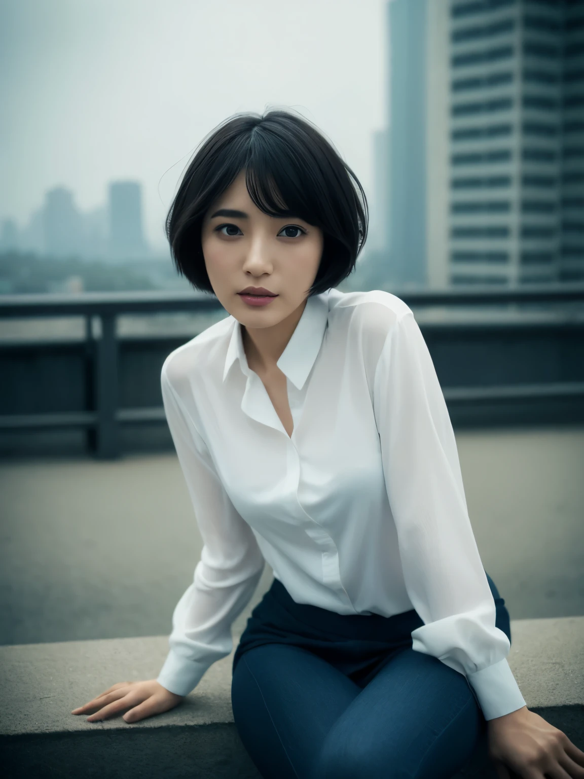 1 girl,Very beautiful 30 year old Japanese woman、Very short hair、Imagine、cleveage、wind、Overcast skies、Model-like figure、 external、shirt、Open your legs、High level of image quality、Best image quality、Look at the camera、Focus on the eyes、Bold、Blade Runner、View from below、thigh、butt、