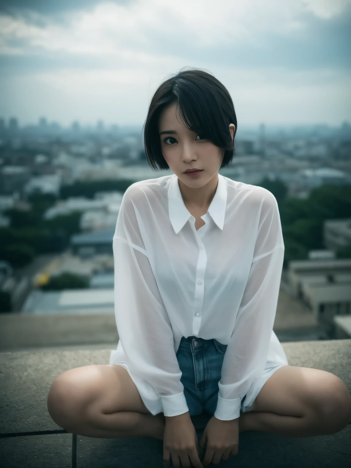 1 girl,Very beautiful 30 year old Japanese woman、Very short hair、Imagine、cleveage、wind、Overcast skies、Model-like figure、 external、shirt、Open your legs、High level of image quality、Best image quality、Look at the camera、Focus on the eyes、Bold、Blade Runner、View from below、thigh、butt、