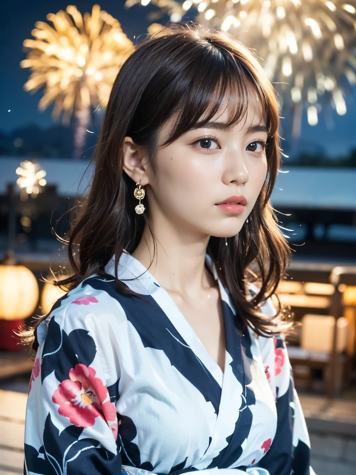 (masterpiece, 8k, best quality, RAW photo, photo realistic, ultra detailed), (insanely detailed and intricate), (Artstation), BREAK 1girl, (beautiful Japanese girl), fair skin, slender, 20yo, kawaii, cute, (detailed face), detailed eyes, blue eyes, (thin eyebrow), (detailed skin texture), (light brown hair), (casual wavy hair), (medium hair:1.4), blush, small breasts, cleavage, (wearing yukata with floral patterns :1.4), (detailed fabric), (earrings), (necklace), (bracelet), (blank stare:1.4), (close-up face:1.2), (crying:1.2), (tears:1.3), (dynamic motion), (standing by the riverside:1.3), BREAK (night:1.4), (dimly lighting:1.4), (darkness:1.4) (dynamic angle:1.4), (cowboy shot:1.4), (bokeh), BREAK (vibrant colorful fireworks:1.4), (her face illuminated by the fireworks as she gazes up in awe:1.4), (lantern-lit stalls of a summer festival add to the lively atmosphere:1.1), (Her hair gently sways in the breeze), In the background, distant mountains in the night sky complete the scene.