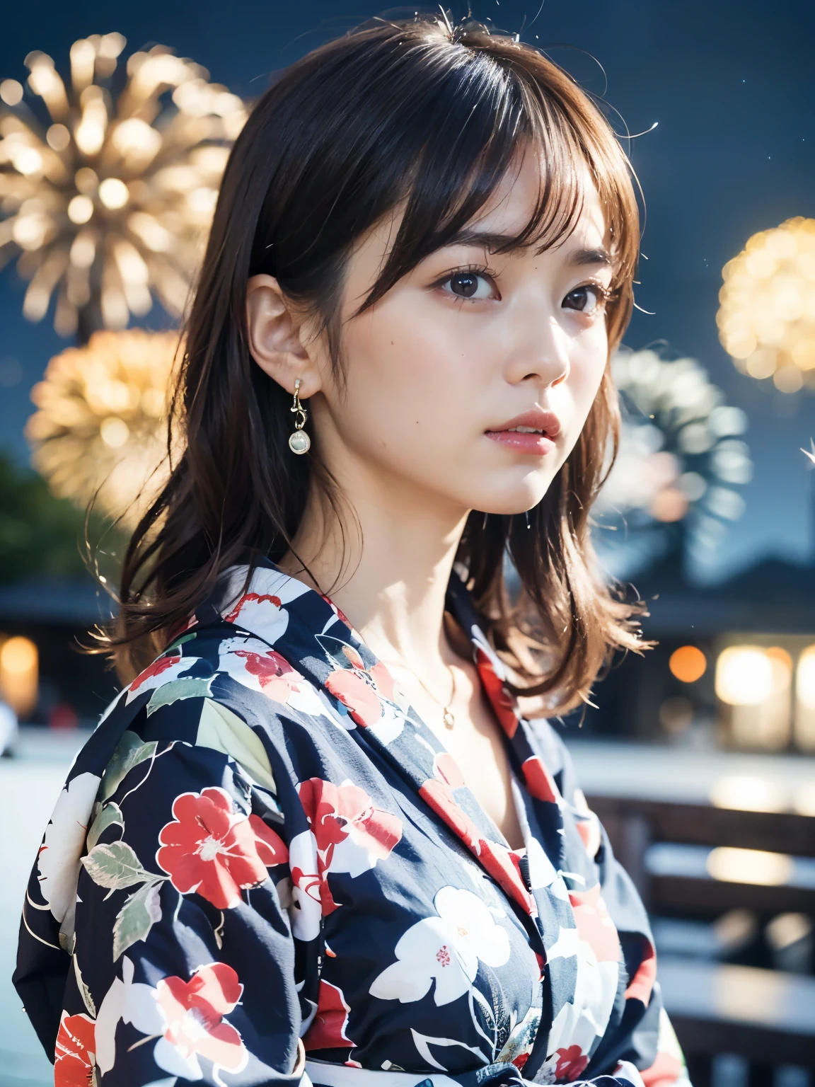 (masterpiece, 8k, best quality, RAW photo, photo realistic, ultra detailed), (insanely detailed and intricate), (Artstation), BREAK 1girl, (beautiful Japanese girl), fair skin, slender, 20yo, kawaii, cute, (detailed face), detailed eyes, blue eyes, (thin eyebrow), (detailed skin texture), (light brown hair), (casual wavy hair), (medium hair:1.4), blush, small breasts, cleavage, (wearing yukata with floral patterns :1.4), (detailed fabric), (earrings), (necklace), (bracelet), (blank stare:1.4), (close-up face:1.3), (wistful:1.2), (tears:1.3), (dynamic motion), (standing by the riverside:1.3), BREAK (night:1.4), (dimly lighting:1.4), (darkness:1.4) (dynamic angle:1.4), (cowboy shot:1.4), (bokeh), BREAK (vibrant colorful fireworks:1.4), (her face illuminated by the fireworks as she gazes up in awe:1.4), (lantern-lit stalls of a summer festival add to the lively atmosphere:1.1), (Her hair gently sways in the breeze), In the background, distant mountains in the night sky complete the scene.