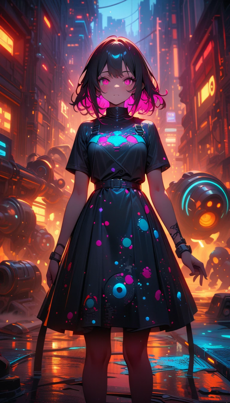 ((best quality)) , ((masterpiece)) , (detailed),Color splash, Ghostly Astronaut (Li Gong:1.3) , wearing Shabby Chic Wrap dress, has metallic plating, Colored hair, Fossil fuel power station in background,(((Pointillism style,Composed entirely of small, distinct dots of color, vibrant, highly detailed)))