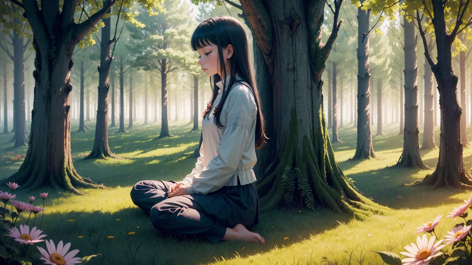 A photo of a girl meditating, surrounded by nature, like a peaceful forest or a field full of colorful flowers..
This image conveys a sense of serenity, connection with nature and an atmosphere of peace, which is consistent with the tone of the prayer.