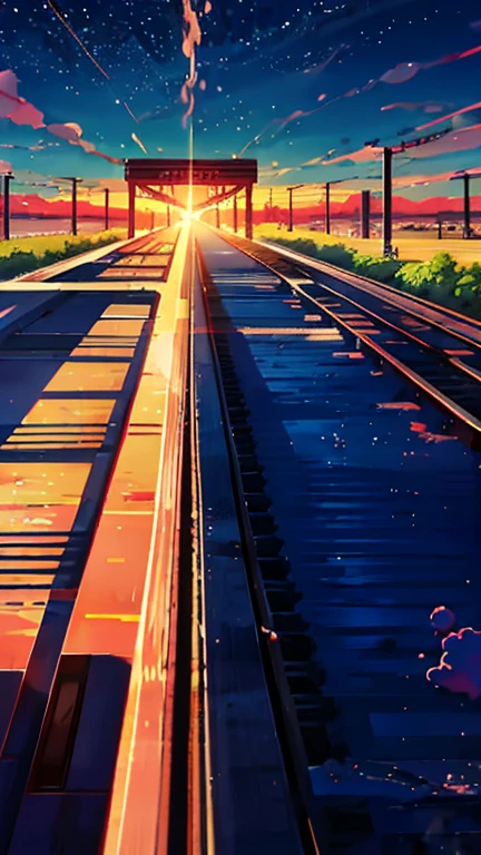 Cartoon train crossing tracks with sky background, A beautiful and harmonious scene, Exquisite animations, Rich details (Width is 672), high quality, Vivid 4K, Artistic 4k wallpapers, Amazing anime scenery, 8k art wallpaper.