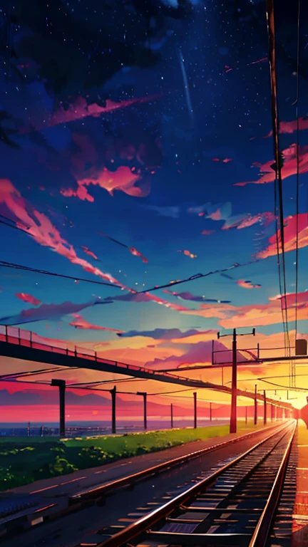 Cartoon train crossing tracks with sky background, A beautiful and harmonious scene, Exquisite animations, Rich details (Width is 672), high quality, Vivid 4K, Artistic 4k wallpapers, Amazing anime scenery, 8k art wallpaper.