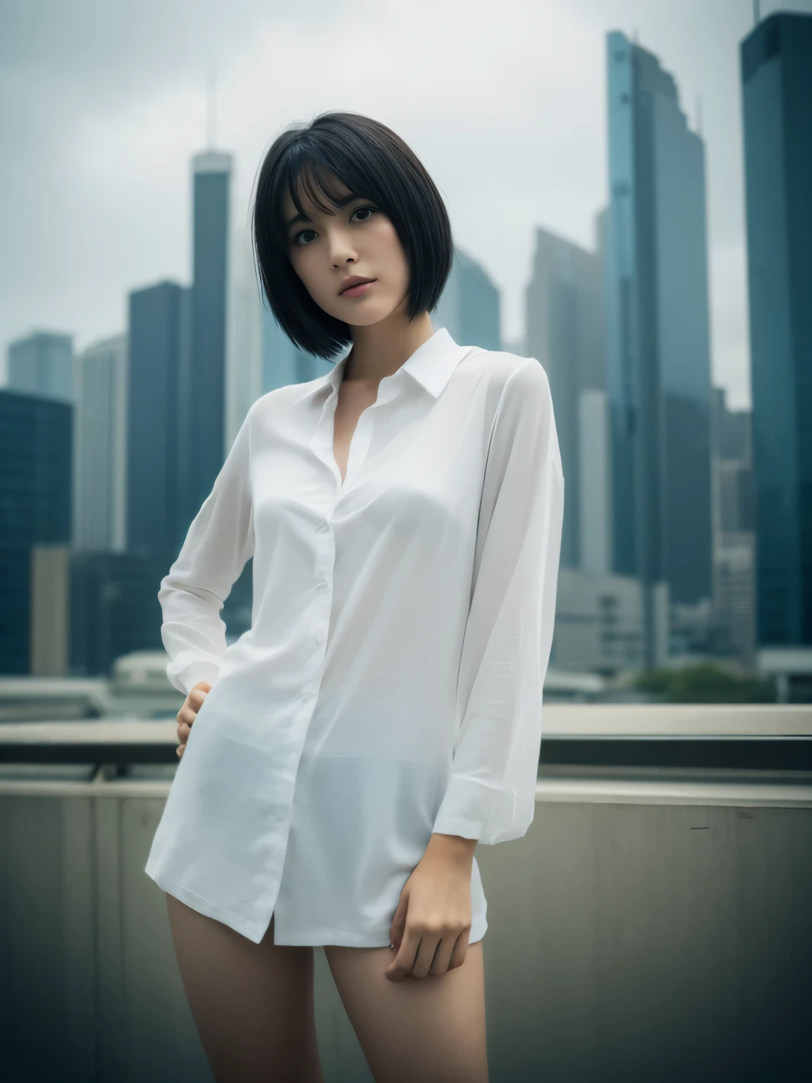 1 girl,Very beautiful 30 year old Japanese woman、Very short hair、Imagine、cleveage、wind、Overcast skies、Model-like figure、 external、shirt、Open your legs、High level of image quality、Best image quality、Look at the camera、Focus on the eyes、Bold、Blade Runner、View from below、thigh、butt、