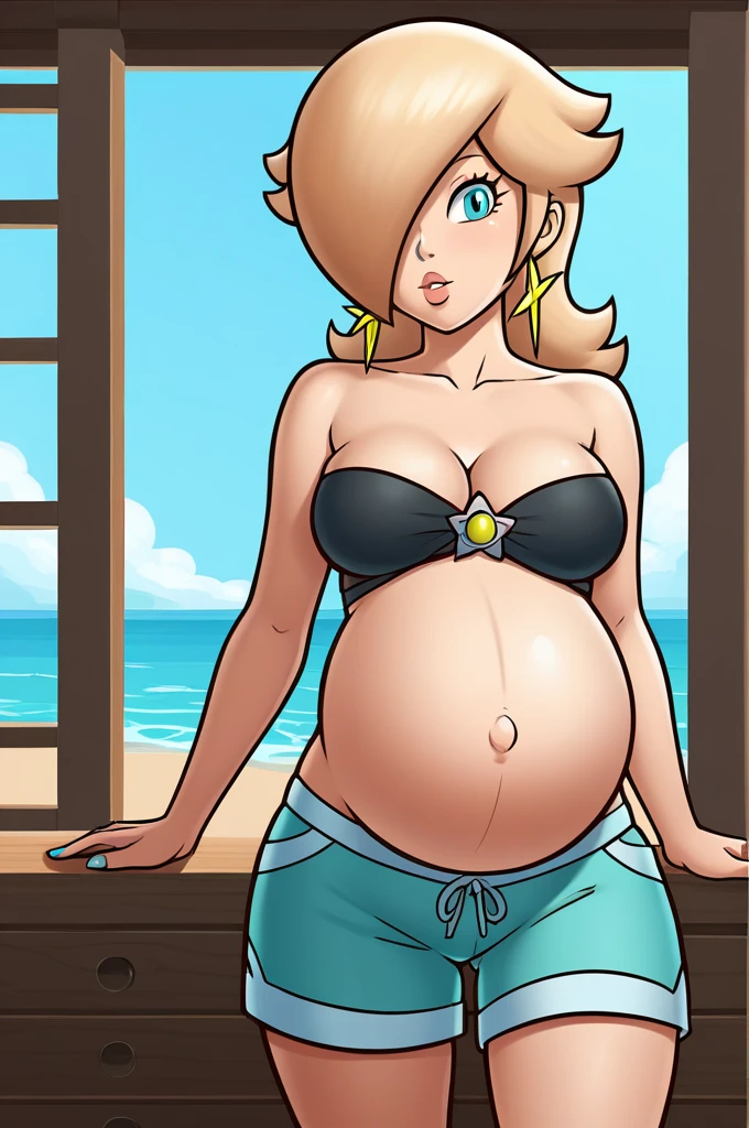 score_9, score_8_up, 1girl, solo, rosalina, style parody, thick outlines, black bikini, shorts, pregnant belly, sleeveless, strapless, cleavage, indoors, beach, front view