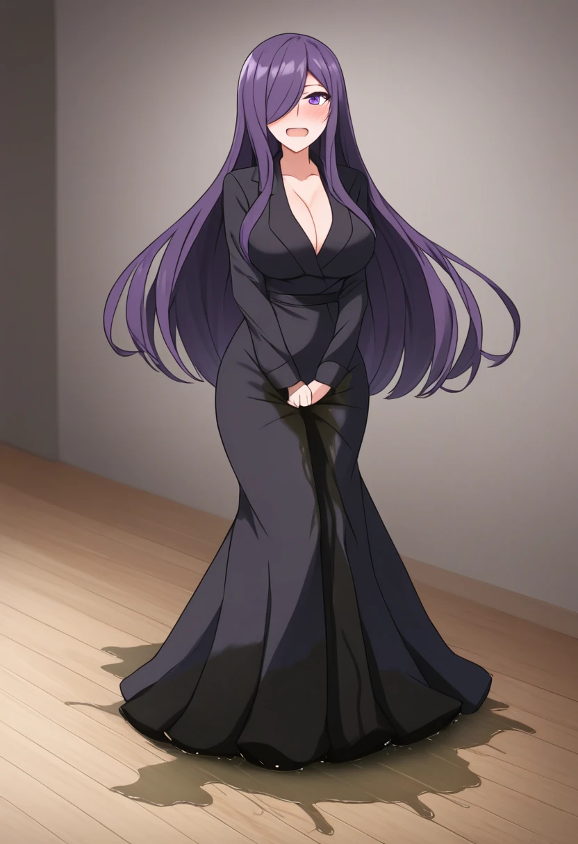 (high quality,Very detailed:1.37, High resolution), Woman, pokemoncynthia, large breasts, very dark purple hair, hair over one eye, long hair, purple eyes, black coat, black dress, very long dress, coat, looking at viewer, masterpiece, best quality, (wetting herself:1.5), (embarrassed:1.5), (humiliation:1.5), (sweating:1.25), (blushing:1.5), (standing:1.5)