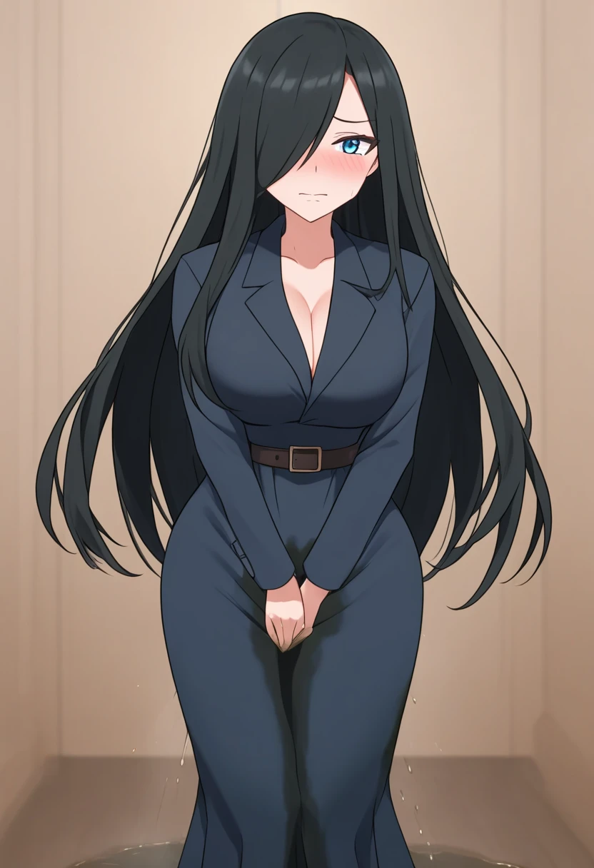 (high quality,Very detailed:1.37, High resolution), Woman, pokemoncynthia, large breasts, black hair, hair over one eye, long hair, blue eyes, black coat, black dress, very long dress, coat, looking at viewer, masterpiece, best quality, (wetting herself:1.5), (embarrassed:1.5), (humiliation:1.5), (sweating:1.25), (blushing:1.5), (standing:1.5)