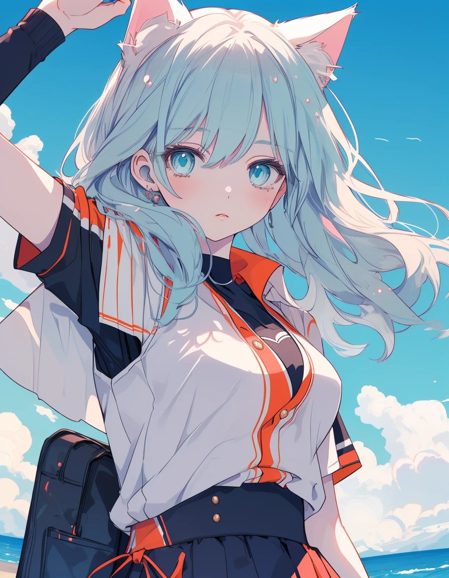 bikini and skirt, stadium, arm at side, baseball uniform, ((masterpiece, best quality:1.5)), ((Beautiful detailed cat aqua eyes:1.2)), cat ears, pale skin, medium breasts, beautiful hands, beautiful fingers, EasyNegative