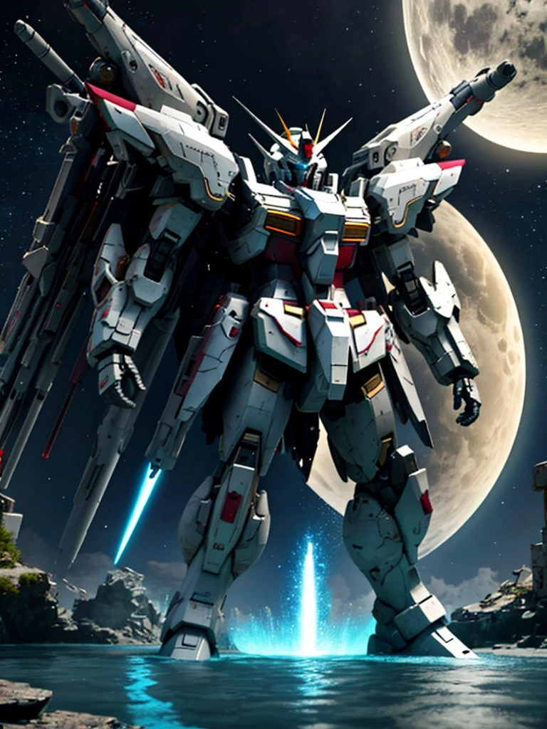 New launch century Gundam X、big moon、A fallen and destroyed space colony, Ruined plateau, Broken buildings, Standing on tiptoes, lake surface、Floating on the water、standing on tiptoe、Satellite Cannon、Beautiful scenery、high resolution、Beautiful night sky、Multicolored light、Clean light、large on the back4Feathers、water surface、standing on tiptoe、carrying a large cannon on his back、超high resolution、4K、countless stars々、overlooking、I'm poised、Firing regime、Bitmobile suit around、