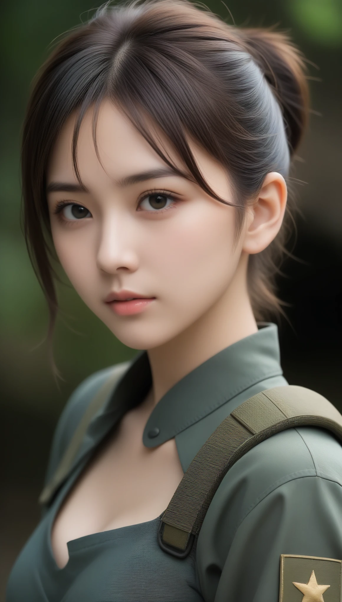 8k, Ultra-high resolution, Highest quality, masterpiece, 三分割法によるphotograph,Surreal, photograph, 1 Girl, (:1.3), pretty girl, Cute Face, Beautiful eyes in every detail, 細かくdetailedに,masterpiece,One Girl:1.2,Japan Female Teachers,full body,furious,Black short hair,Messy bun hair,(印象派の美しい少女のPortraiture),(Impressionist light and colour), (Female Soldier:1.3),(Fairy,Shiny Hair, Beautiful dark eyes, So cute and beautiful,16 years oldce,Sharp contours,Looking down, (Dirty Face:1.3),battlefield, Light from above, Low contrast, (Side view),, Perfect and beautiful face ,完璧でCute Face, Skin with attention to detail, Perfect limbs、Narrow waist,Looking at the audience,(((Ideal body type))),A cup small breasts :2,Portraiture:2,Perfect Anatomy,鮮明なdetailed,detailed,Surreal,Light and shadow,glowing