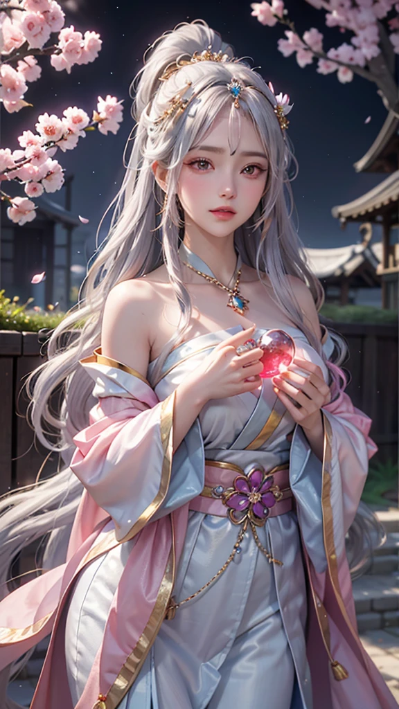 (Holding a glowing crystal ball in both hands)),Positive,Front composition,Upper Body,((Watching the audience)),Luxurious sky blue and white kimono,Cherry blossom hair accessory,Long, silvery hair,Cherry blossom hair accessory,Beautiful and delicate face,blush,cherry pink eyes,big eyes,Extremely fine resolution,Top quality,(Gold mysterious ring),mysterious,Goddes,front,Young