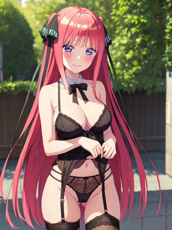 best quality, insanely detailed, nino nakano, breasts, blush, outdoor background, bare-shoulder, looking at viewer, garter strap, a black ribbon, stockings, pussy, smile, lingerie garterbelt