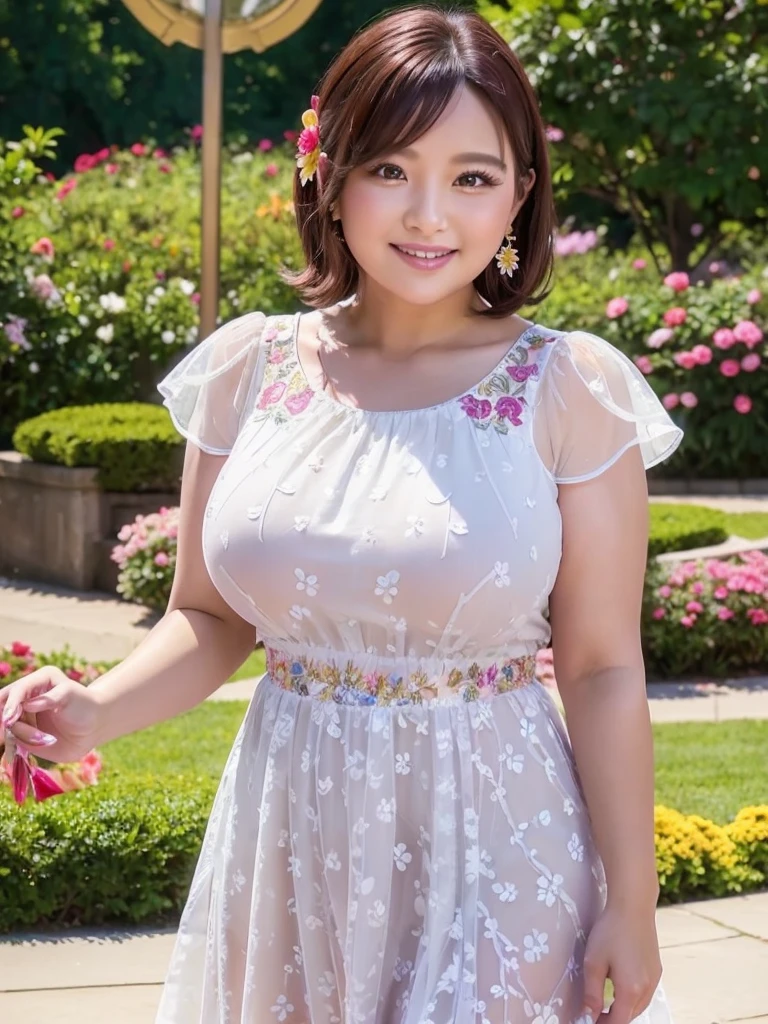 A beautiful and hot almost chubby mature woman.who is wearing a patterned short dress and is and standing in the park. A smiling face、sexy woman、A radiant smile、adorable、race、Frills、Colorful design、Full-length mirror、An inviting gaze、Gorgeous long and beautiful hairstyle、variation Hairstyle、Open neck blouse、Flower Garden、(flower:1.2)、Full body photo、((Delicately decorated dress))、1人,