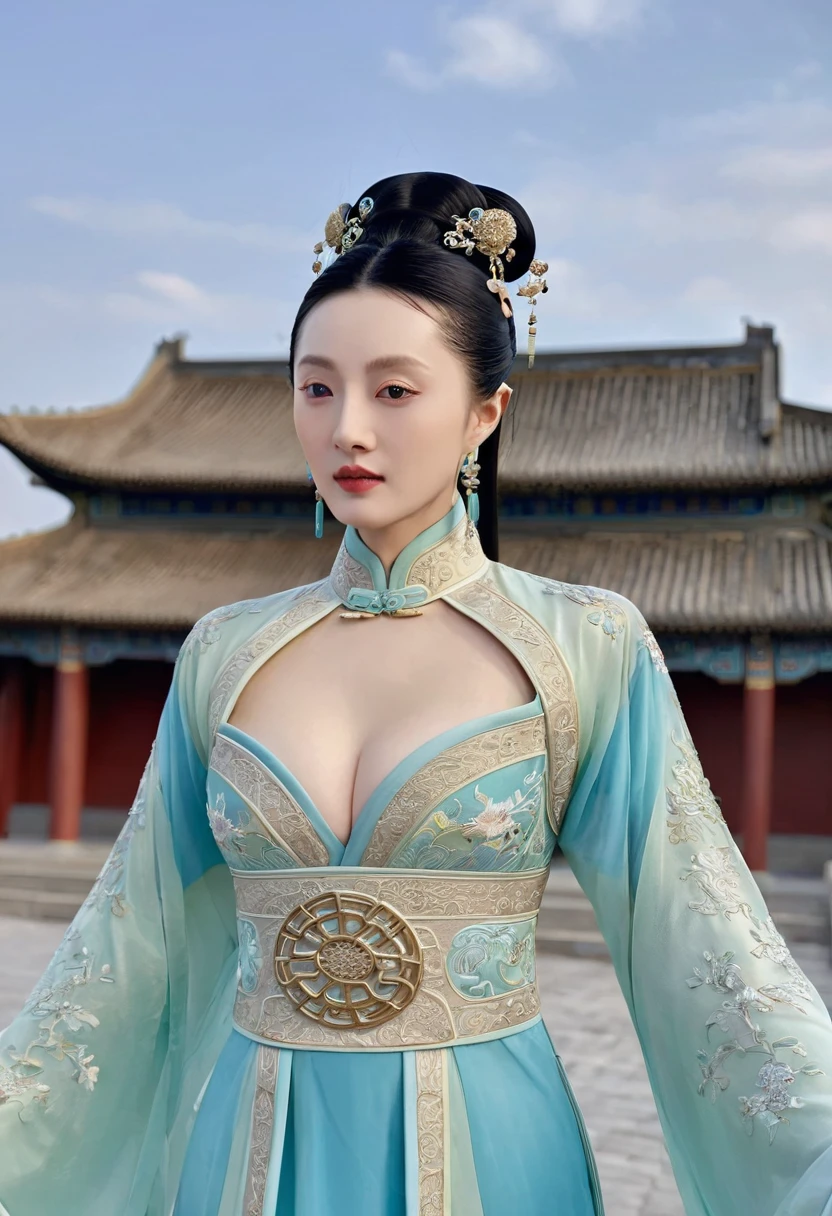 Chinese actress Xu Xun in The Legend of Ruyi (Zhou Xun) A Qing dynasty Empress standing in a public place, showing her large breasts and lower abdomen. A naked figure without underwear on the cobblestones outside a Chinese palace during the Qing dynasty.、Chinese empress hairstyle big crown