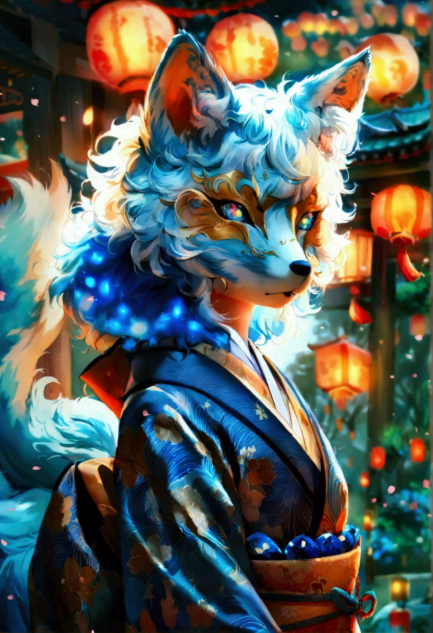 fox Light blue hair 　beast girl　indigo fur　fox beast girl　fox Light blue hair 　beast girl　indigo fur　fox beast girl　Wallpaper 4k,8k,highly detailled,,vivid colors,detailed kitsune with 9 tails,traditional Japanese artwork,tatami floor,beautiful cherry blossoms,floating lanterns,dark silhouette of a pagoda,subtle moonlight,dense forest,ethereal atmosphere,dappled sunlight,whimsical spirit,serene expression,elaborate kimono and obi,delicate hand-painted details,luminous eyes　Anime Style　fox　blue　White-faced golden-haired nine-tailed fox　Coat blue　boy　fox Light blue hair 　beast girl　indigo fur　fox beast girl　Anime Style　fox　blue　White-faced golden-haired nine-tailed fox　Coat blue　boy　boy　mysterious background　Blue Flame　girl　have a ball of light　fox Light blue hair 　beast girl　indigo fur　fox beast girl　mysterious background　Blue Flame　girl　have a ball of light Anime Style　fox　blue　White-faced golden-haired nine-tailed fox　Coat blue　boy　boy　mysterious background　Blue Flame　girl　have a ball of light She has a long blue ribbon in her hair.