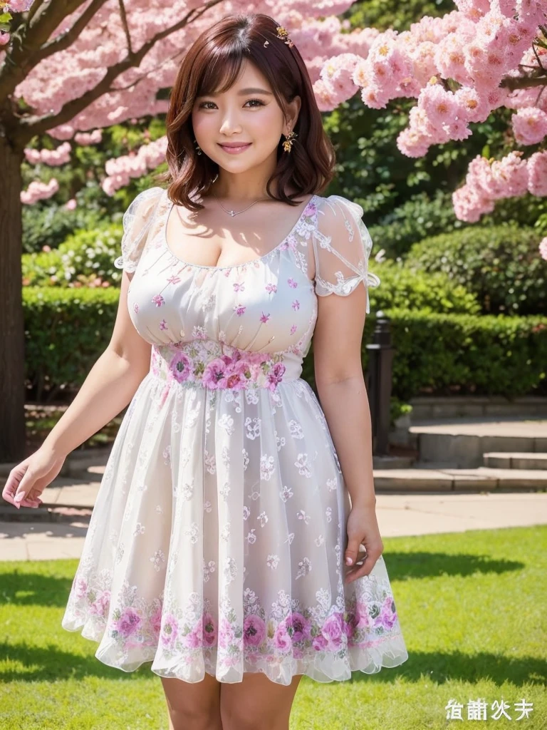 A beautiful and hot almost chubby mature woman.who is wearing a patterned short dress and is and standing in the park. A smiling face、sexy woman、A radiant smile、adorable、race、Frills、Colorful design、Full-length mirror、An inviting gaze、Gorgeous long and beautiful hairstyle、variation Hairstyle、Open neck blouse、Flower Garden、(flower:1.2)、Full body photo、((Delicately decorated dress))、1人,