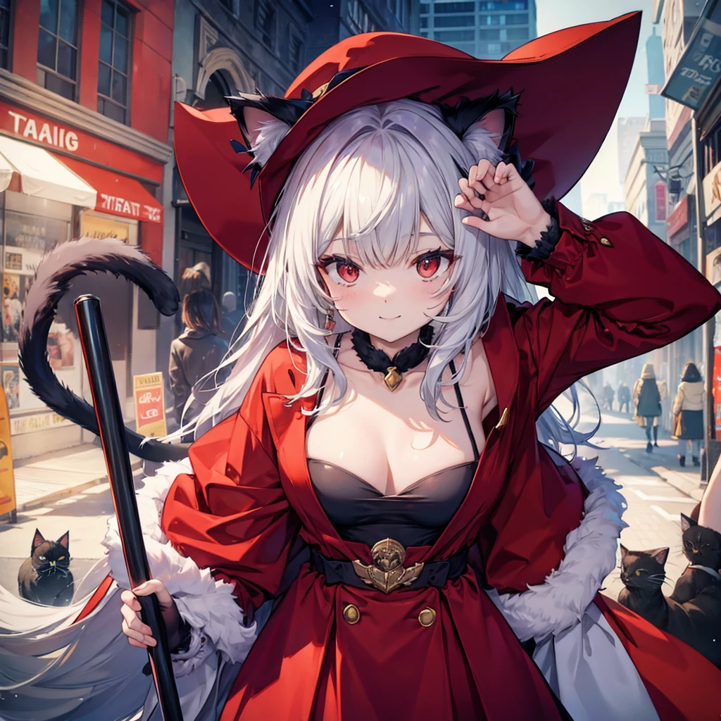 ((((Cat Cosplay、Wear a costume)))) (((Fantasy Dull red eyes))) ((Fur clothing Center close-up)) ((smile Cat's paw)) (Light star) Catch the wind Shining Background Light Particles, rainbow colored edges