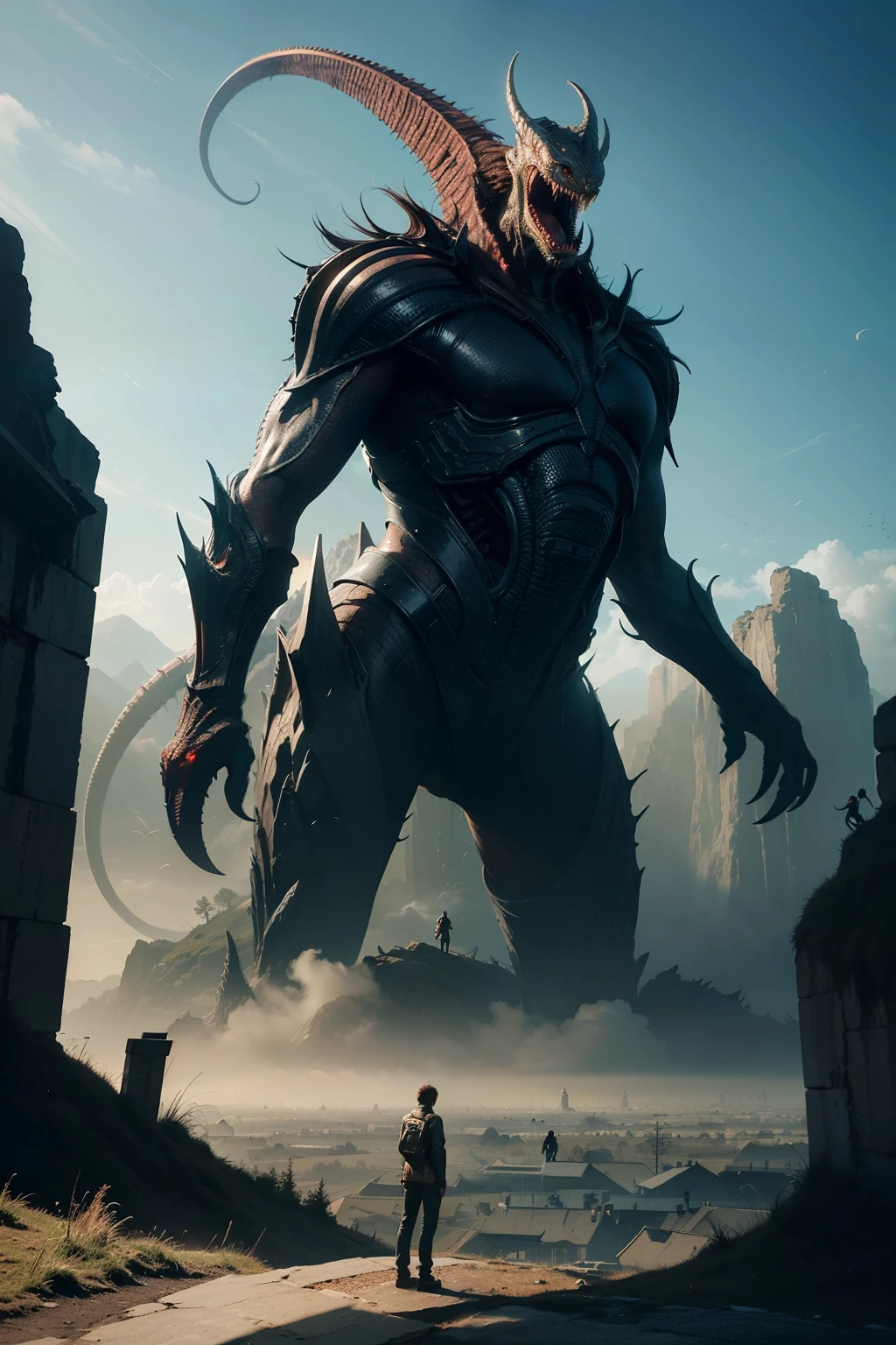 A very detailed painting，Depicts a man on a hill gazing at a giant alien monster, author：Shinkai Makoto, By Art Jem, From Wlop, author：Greg Rutkowski, Volumetric Lighting, Octane Rendering, 4K resolution, Popular on artstation, masterpiece 