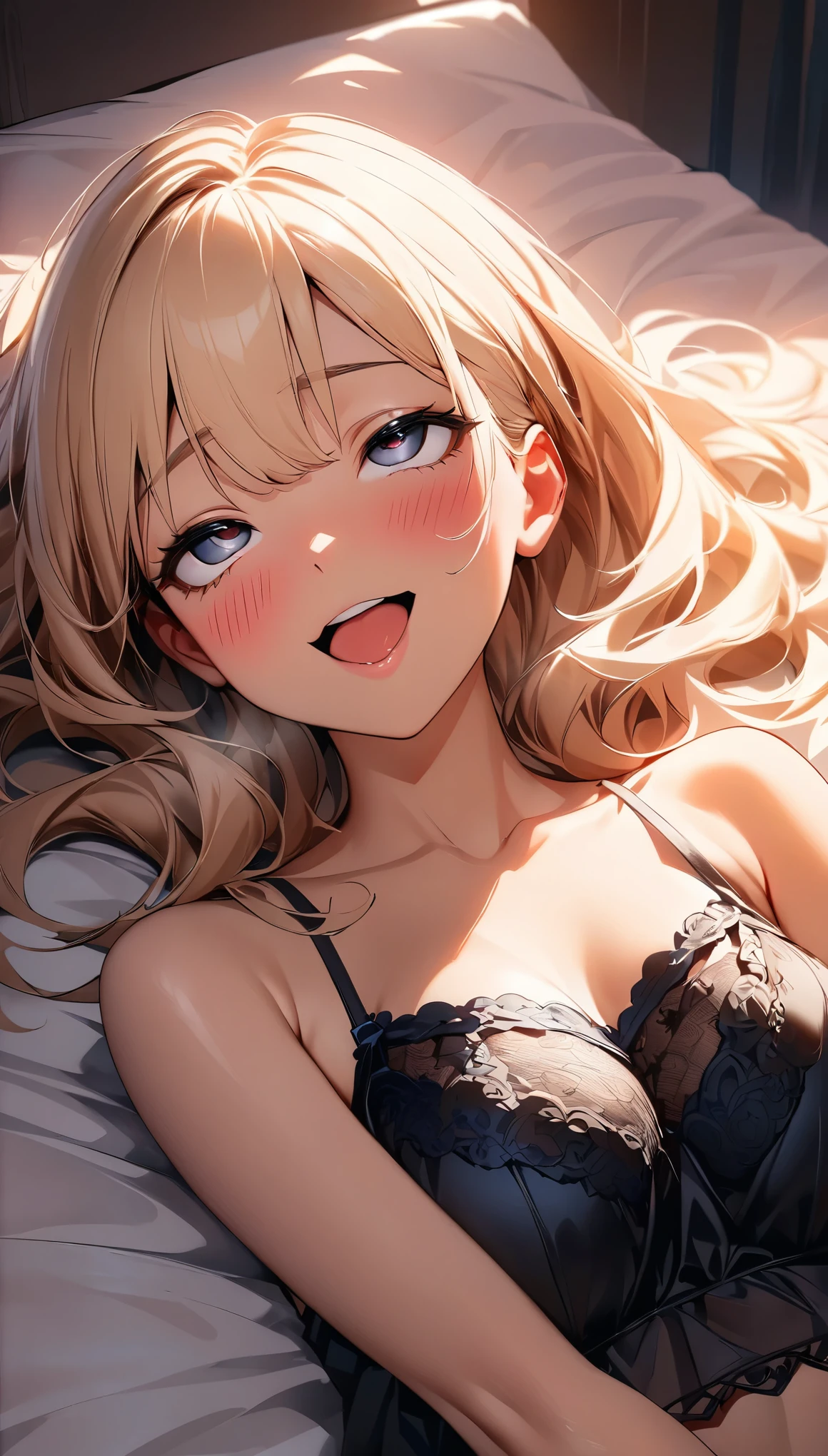 (Highest quality:1.2, Very detailed, up to date, Vibrant, 超High resolution, High Contrast, masterpiece:1.2, Highest quality, Best aesthetics), (((1 girl))), A carefully painted bedroom, lingerie, Professionalism, Bright colors, Soft lighting, Expressive eyes, Detailed lips, Long eyelashes, Pleasant atmosphere, incite inferiority, Obscene eyes, Lewd smile, Open your mouth, blush, Ahegao:1.4, ((camisole, 黒シースルーlingerie, Lying on your back in bed:1.2)), Positive Energy, Calm background, A nurturing presence, High resolution, Correct perspective, (Soft focus throughout).