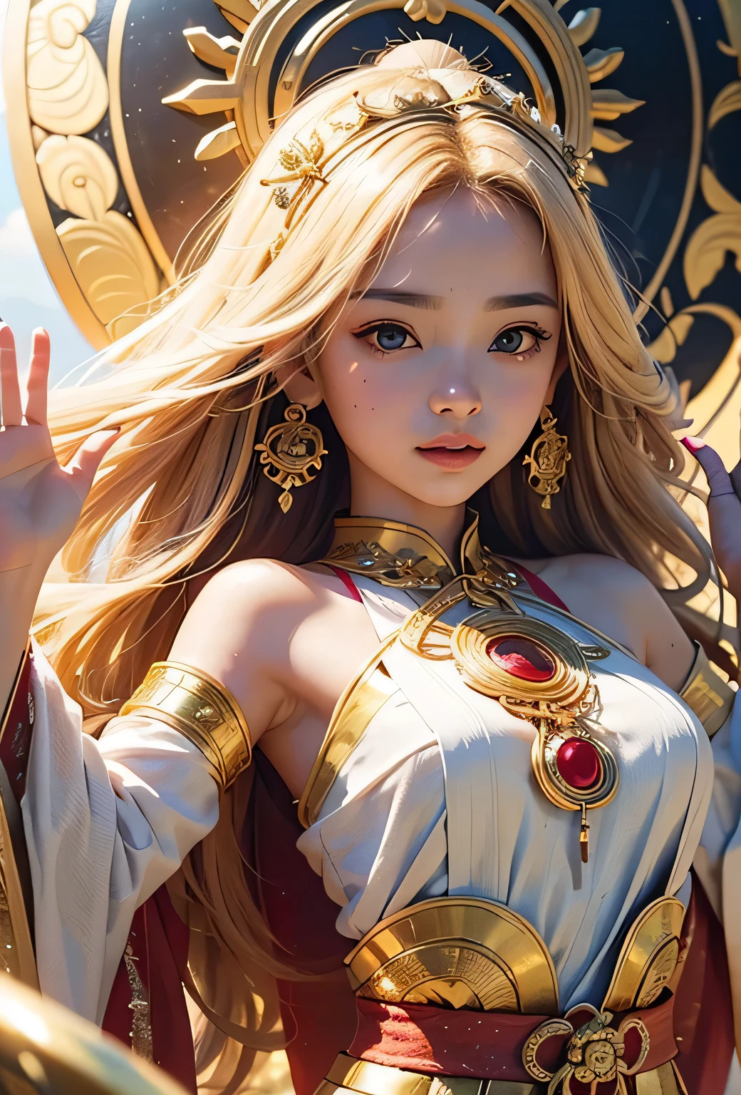 "Child of the Sun, Goddess of Love": Within a sacred sanctuary bathed in sunlight, depict the figure of a sun goddess who governs love, facing forward and emanating divine radiance. She is a , around 3 years old. Zoom in to focus on her face, with a gleaming orb of light in her hands, representing the life-giving power of the sun. Her hair is shimmering gold, and she is wearing a traditional miko outfit as seen in Japanese shrines. The background should be predominantly gold, evoking a sense of divine splendor, with numerous heart-themed objects expressing the beauty of love. The setting is in heaven, enveloped in soft, bright light, where one can find tranquility and peace of mind, free from any trace of anxiety.Straight-on.