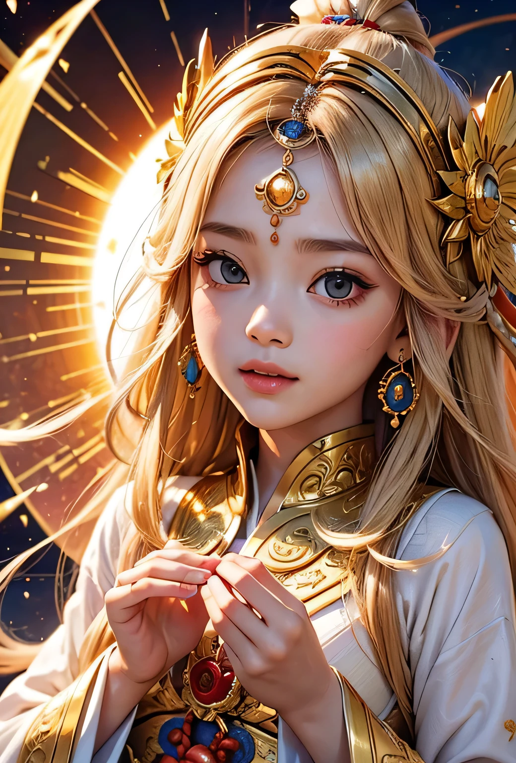 "Child of the Sun, Goddess of Love": Within a sacred sanctuary bathed in sunlight, depict the figure of a sun goddess who governs love, facing forward and emanating divine radiance. She is a , around 3 years old. Zoom in to focus on her face, with a gleaming orb of light in her hands, representing the life-giving power of the sun. Her hair is shimmering gold, and she is wearing a traditional miko outfit as seen in Japanese shrines. The background should be predominantly gold, evoking a sense of divine splendor, with numerous heart-themed objects expressing the beauty of love. The setting is in heaven, enveloped in soft, bright light, where one can find tranquility and peace of mind, free from any trace of anxiety.Straight-on.