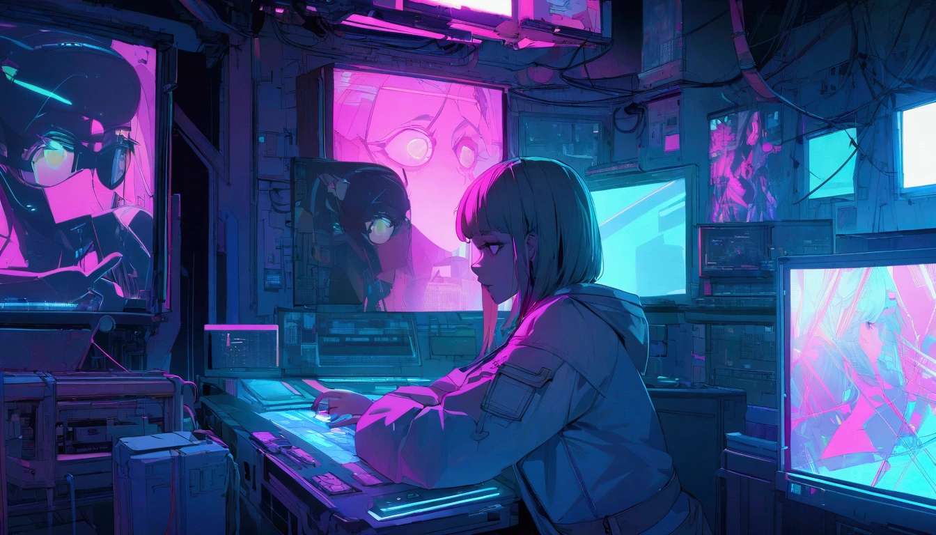 Girl in cyberpunk themed computer room, surrounded by computer screens displaying networks. Girl has beautiful detailed eyes and lips, Long eyelashes. This work was created using digital media.、Highly detailed and realistic quality。. The color palette is vivid and vivid, Focus on neon tones and dark shadows. The lighting is dramatic, Strong backlighting casts a dynamic shadow on the girl&#39;s face.. The cyberpunk theme is expressed through futuristic computer equipment., Holographic Display, Futuristic elements in the room. The overall style of the artwork is、It&#39;s a mix of manga and cyberpunk aesthetics.。, Combining vibrant colors and futuristic elements in a stylized, illustrated style.. The artwork is of the highest quality, Resolution 4K, It is carefully made down to the smallest detail.、Creating a fascinating and immersive cyberpunk world。.