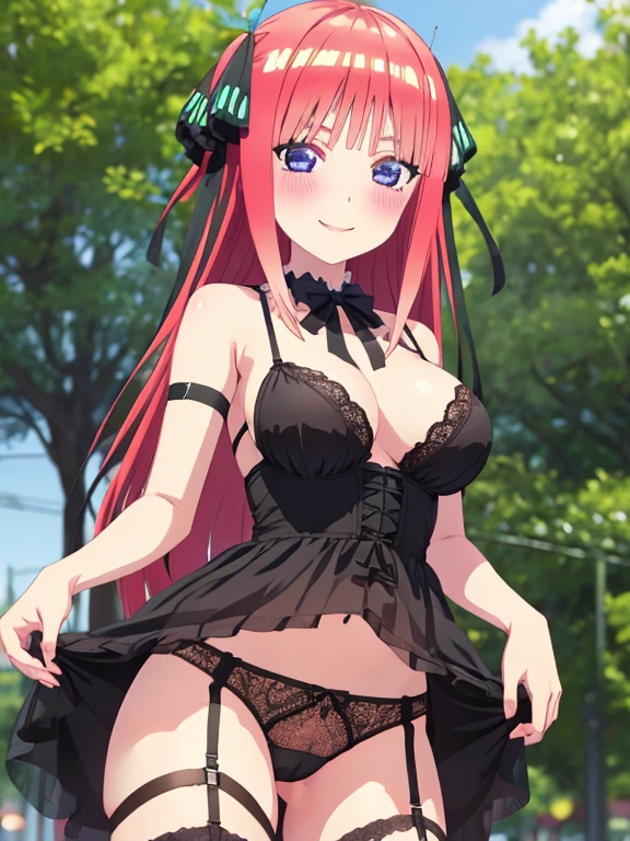 best quality, insanely detailed, nino nakano, breasts, blush, outdoor background, bare-shoulder, looking at viewer, garter strap, a black ribbon, stockings, pussy, smile, lingerie garterbelt