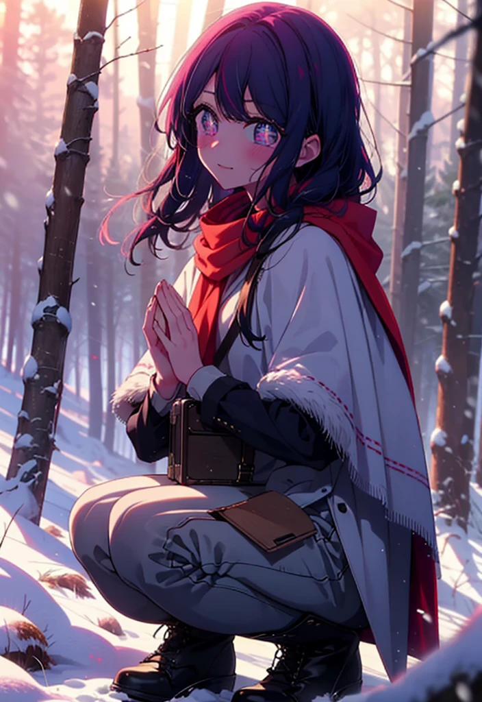 aihoshino, Ai Hoshino, Long Hair, bangs, (Purple eyes:1.1), Purple Hair, (Symbol-shaped pupil:1.5), smile,,smile,blush,white breath,
Open your mouth,snow,Ground bonfire, Outdoor, boots, snowing, From the side, wood, suitcase, Cape, Blurred, , forest, White handbag, nature,  Squat, Mouth closed, Cape, winter, Written boundary depth, Black shoes, red Cape break looking at viewer, Upper Body, whole body, break Outdoor, forest, nature, break (masterpiece:1.2), Highest quality, High resolution, unity 8k wallpaper, (shape:0.8), (Beautiful and beautiful eyes:1.6), Highly detailed face, Perfect lighting, Highly detailed CG, (Perfect hands, Perfect Anatomy),