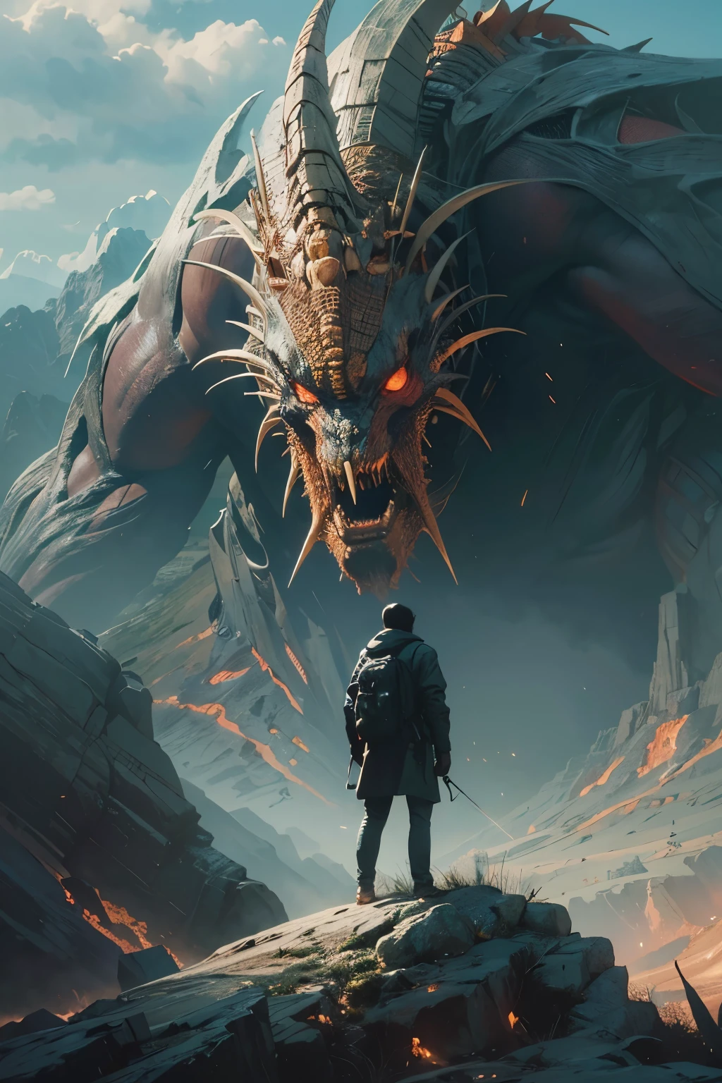 A very detailed painting，Depicts a man on a hill gazing at a giant alien monster, author：Shinkai Makoto, By Art Jem, From Wlop, author：Greg Rutkowski, Volumetric Lighting, Octane Rendering, 4K resolution, Popular on artstation, masterpiece 