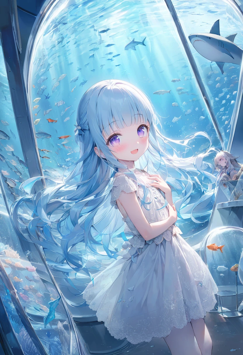 masterpiece, best quality, extremely detailed, (illustration, official art:1.1), 1 girl ,(((( light blue long hair)))), ,(((( light blue long hair)))),light blue hair, , long hair ((blush)) , cute face, big eyes, masterpiece, best quality,(((((a very delicate and beautiful girl))))),Amazing,beautiful detailed eyes,blunt bangs((((little delicate girl)))),(((tareme))),droopy eyes.(true beautiful:1.2), sense of depth,dynamic angle,,,, affectionate smile, (true beautiful:1.2),,(tiny 1girl model:1.2),)(flat chest),1 Girl, alone,Purple eyes, Long Hair, blunt bangs, bangs,(girl it look at See the one sharks ), aquarium, Glass tunnel, sea creature, school of fish, illumination, Blue light, Aquarium, reflection, adventure, excited, Light effects, mysterious 