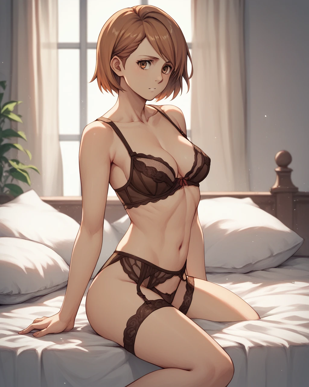 score_9, score_8_up, score_7_up, petra ral, 1girl, solo, short hair, brown hair, brown eyes, lingerie ,bed,whole body,stand