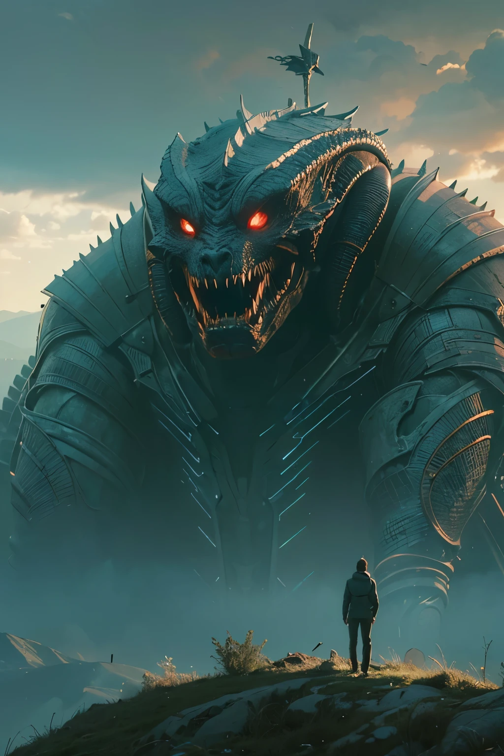 A very detailed painting,Depicts a man on a hill gazing at a giant alien monster, author:Shinkai Makoto, By Art Jem, From Wlop, author:Greg Rutkowski, Volumetric Lighting, Octane Rendering, 4K resolution, Popular on artstation, masterpiece