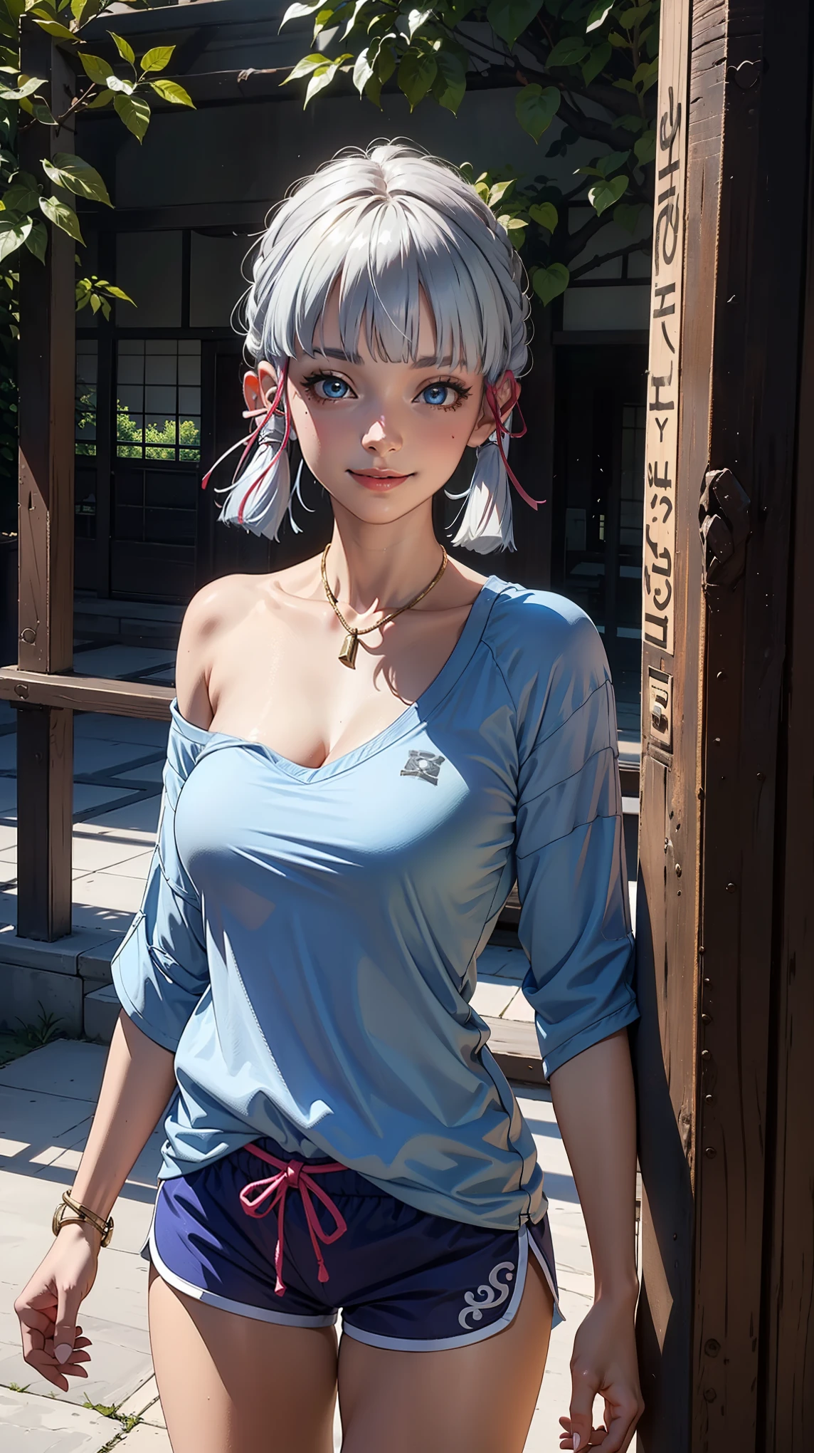 (Girl),(kamisatoayakarnd),masterpiece,large breast, outdoors, looking at viewer, detail eyes, detail face, standing, smile, (front view:1.3), dolphin shorts, Single Bare Shoulder shirts, upper body shot,(detailed face), (cleavage), white shirts,