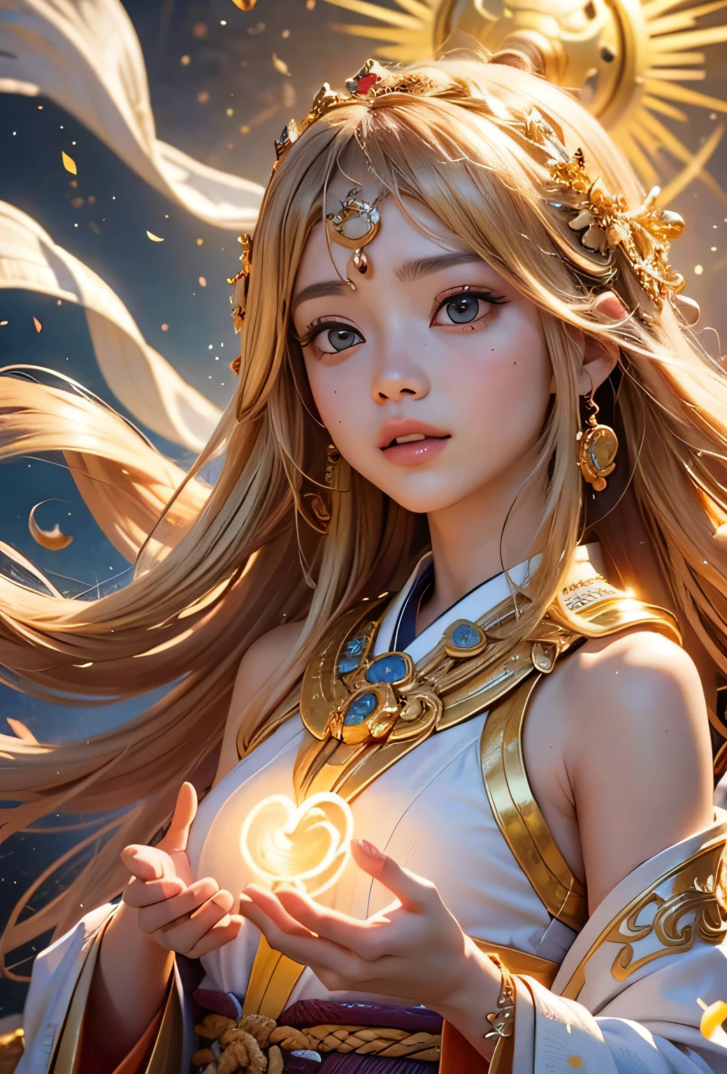 "Child of the Sun, Goddess of Love": Within a sacred sanctuary bathed in sunlight, depict the figure of a sun goddess who governs love, facing forward and emanating divine radiance. She is a , around 3 years old. Zoom in to focus on her face, with a gleaming orb of light in her hands, representing the life-giving power of the sun. Her hair is shimmering gold, and she is wearing a traditional miko outfit as seen in Japanese shrines. The background should be predominantly gold, evoking a sense of divine splendor, with numerous heart-themed objects expressing the beauty of love. The setting is in heaven, enveloped in soft, bright light, where one can find tranquility and peace of mind, free from any trace of anxiety.Straight-on.