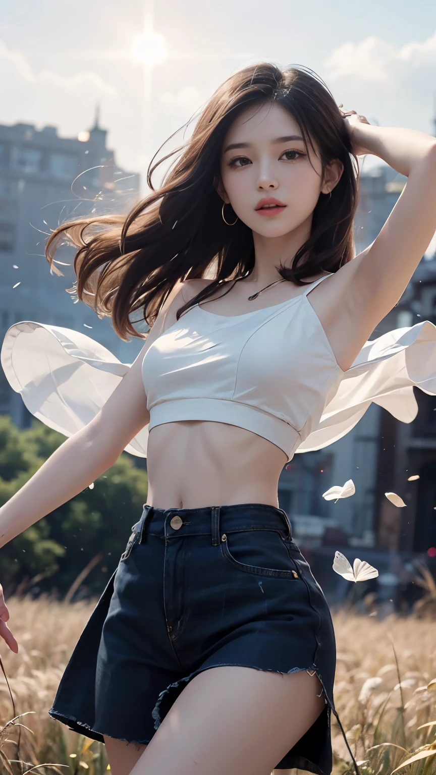 (logo、masterpiece、32K、Tabletop、RAW Photos、wonderful、最high quality、Photorealistic and very detailed CG integrated 32K wallpaper、high quality、Very detailed、Narrative poem、Particle Effects、Dynamic Effects、Written boundary depth、Cinematic Light、Lens flare、Ray Tracing)、Fantasy、 (One beautiful woman,White tube top、White crop top、Black-haired、Beautiful Face、True Face、Beautiful details、eye、Beautiful Skin)、My hair dances in the wind、Hair flutters in wind、Hair bounces、Petals fluttering、SakuraFubuki、Wonderful views、sunrise、Sun in the background、wind、Small breasts,Small Ass,Flat Chest,Small waist,Are thin,Slim figure,The belly button and the surrounding area are exposed,