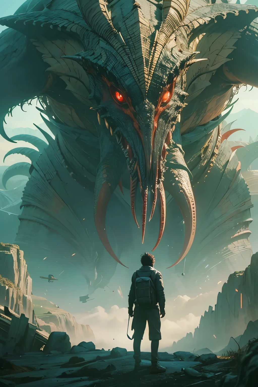 A very detailed painting,Depicts a man on a hill gazing at a giant alien monster, author:Shinkai Makoto, By Art Jem, From Wlop, author:Greg Rutkowski, Volumetric Lighting, Octane Rendering, 4K resolution, Popular on artstation, masterpiece