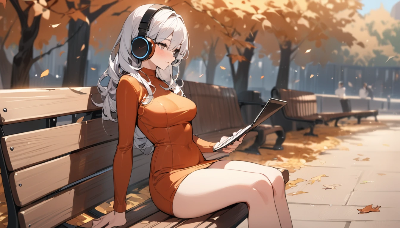 ((Top Quality)), ((Masterpiece)), ((Details)), perfect face, perfect body, fallen leaves background, sitting on a bench, listening to music, wearing headphones, wearing tight clothes, wear a tight skirt, dating, Woman with face visible, glamorous