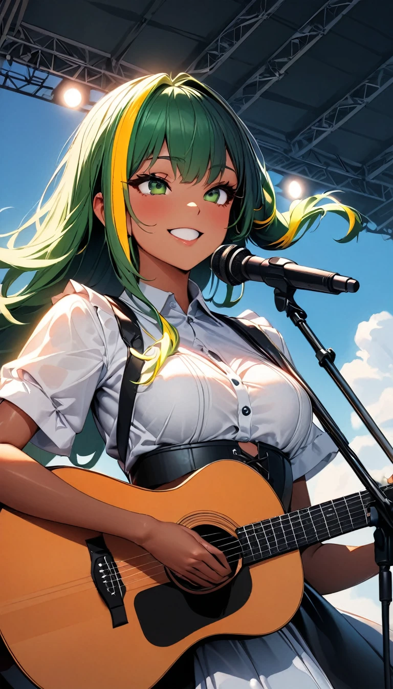 (highest quality:1.2, Very detailed, up to date, Vibrant, Ultra-high resolution, High Contrast, masterpiece:1.2, highest quality, Best aesthetics), Portraiture、solo, girl、(slim:1), (25-years-old), (singing:1.5), (playing guitar:1), smile, acoustic guitar, sing into a microphone stand, corset dress, (mike stand in front of her:1), outdoor concert stage, beautiful nature, blue sky, (sunshine:1), Bright colors、Beautiful fine details、Beautiful lip detail、long hair、ponytail, white and yellow green ((streaked hair:1.6)), highlights hair: 1.5, (medium breast:1) , (tan skin:0.9), ((cowboy shot:1))