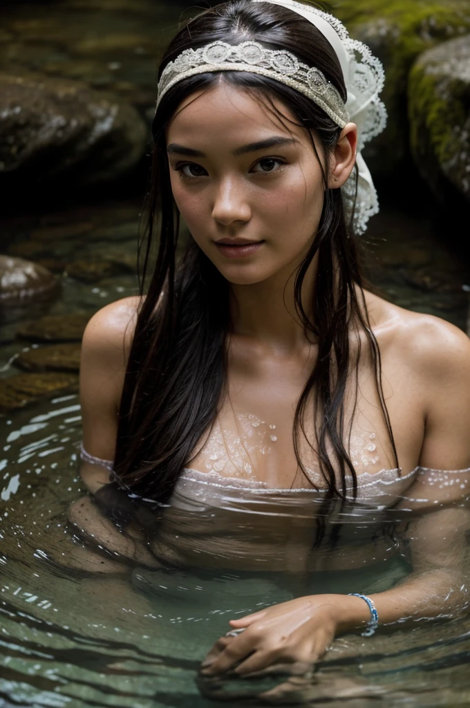 Best Quality, masterpiece, super high resolution, A super model submerged in hot springs in Japan., outdoor hot springs, stone hot springs, surrounded by moss and trees, super beautiful face, pure body, clear pores visible, (smile:0.8), using division (lace headband:1.2), (Realism:1.5), Photo original, soaked body, covered in sweat, bare shoulders, In the dark, deep shadows, low key, cold light