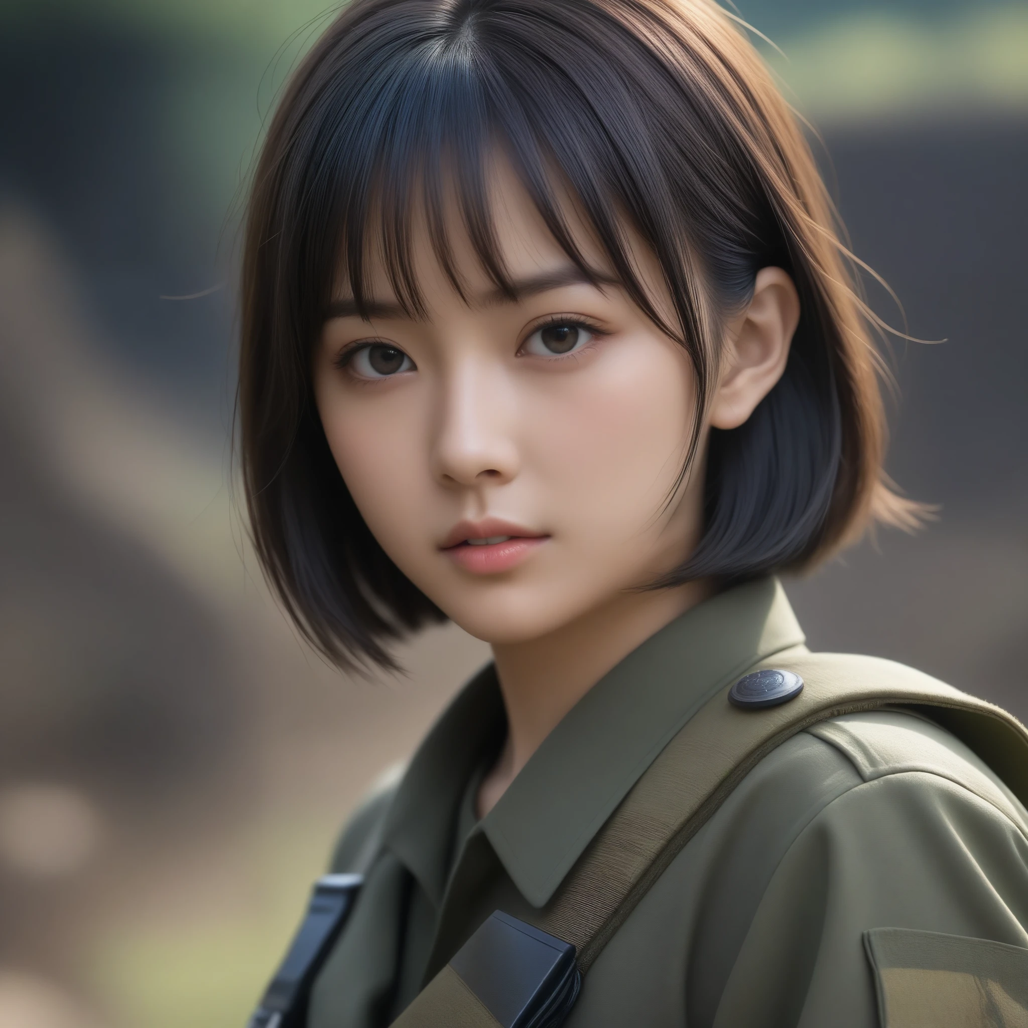 8k, Ultra-high resolution, Highest quality, masterpiece, 三分割法によるphotograph,Surreal, photograph, 1 Girl, (:1.3), pretty girl, Cute Face, Beautiful eyes in every detail, 細かくdetailedに,masterpiece,One Girl:1.2,Japanese female soldier,extream close up,furious,Black short hair,Bob with bangs, (combat uniform:1.3),Muddy Face,Sharp contours,Looking down, (Dirty Face:1.3),battlefield, Light from above, Low contrast, (Side view),, Perfect and beautiful face ,完璧でCute Face, Skin with attention to detail, Perfect limbs、Narrow waist,Looking at the audience,(((Ideal body type))),A cup small breasts :2,Portraiture:2,Perfect Anatomy,鮮明なdetailed,detailed,Surreal,Light and shadow,darkness